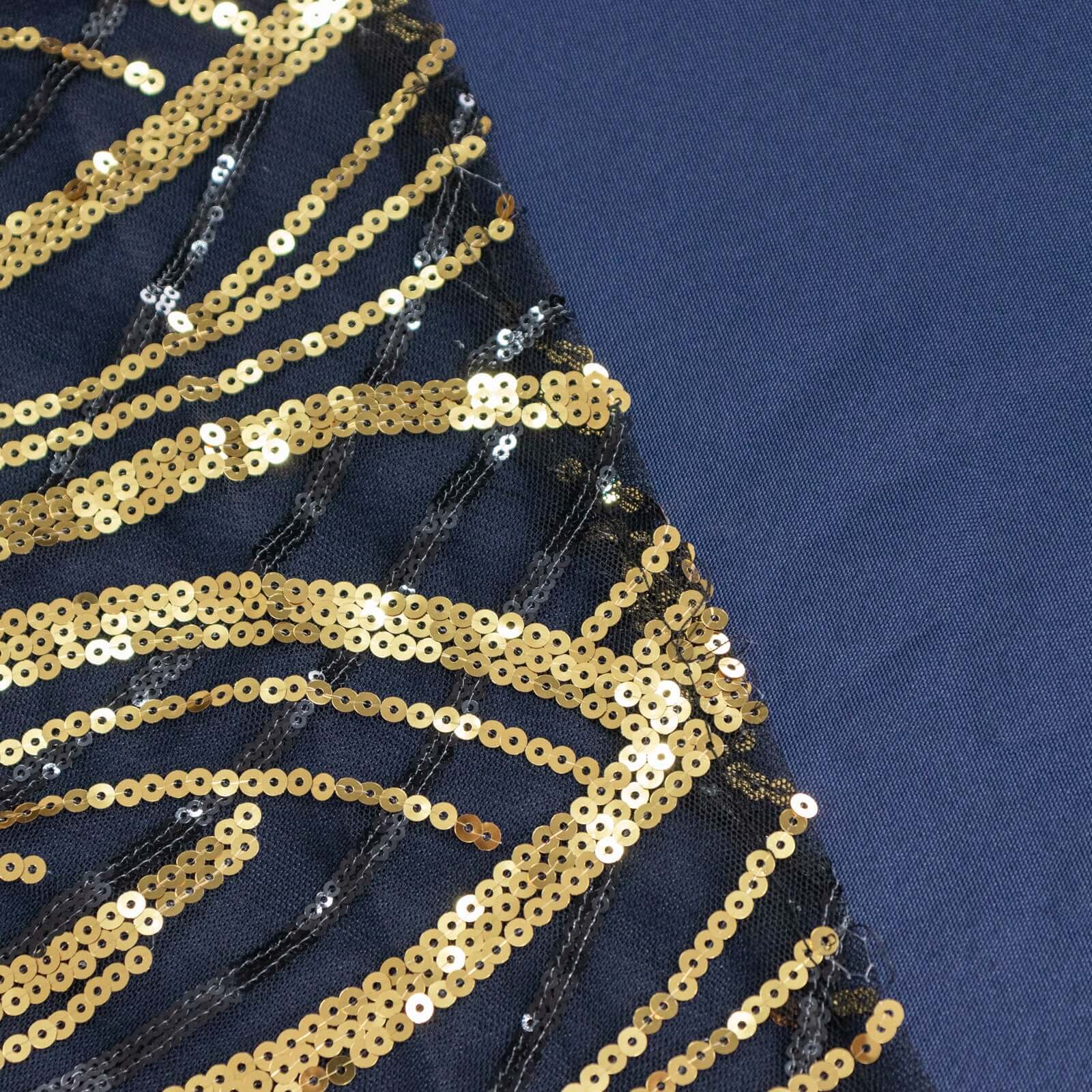 Mesh 90x156 Rectangle Tablecloth Black/Gold - Wave Sequin Embroidered Table Cover