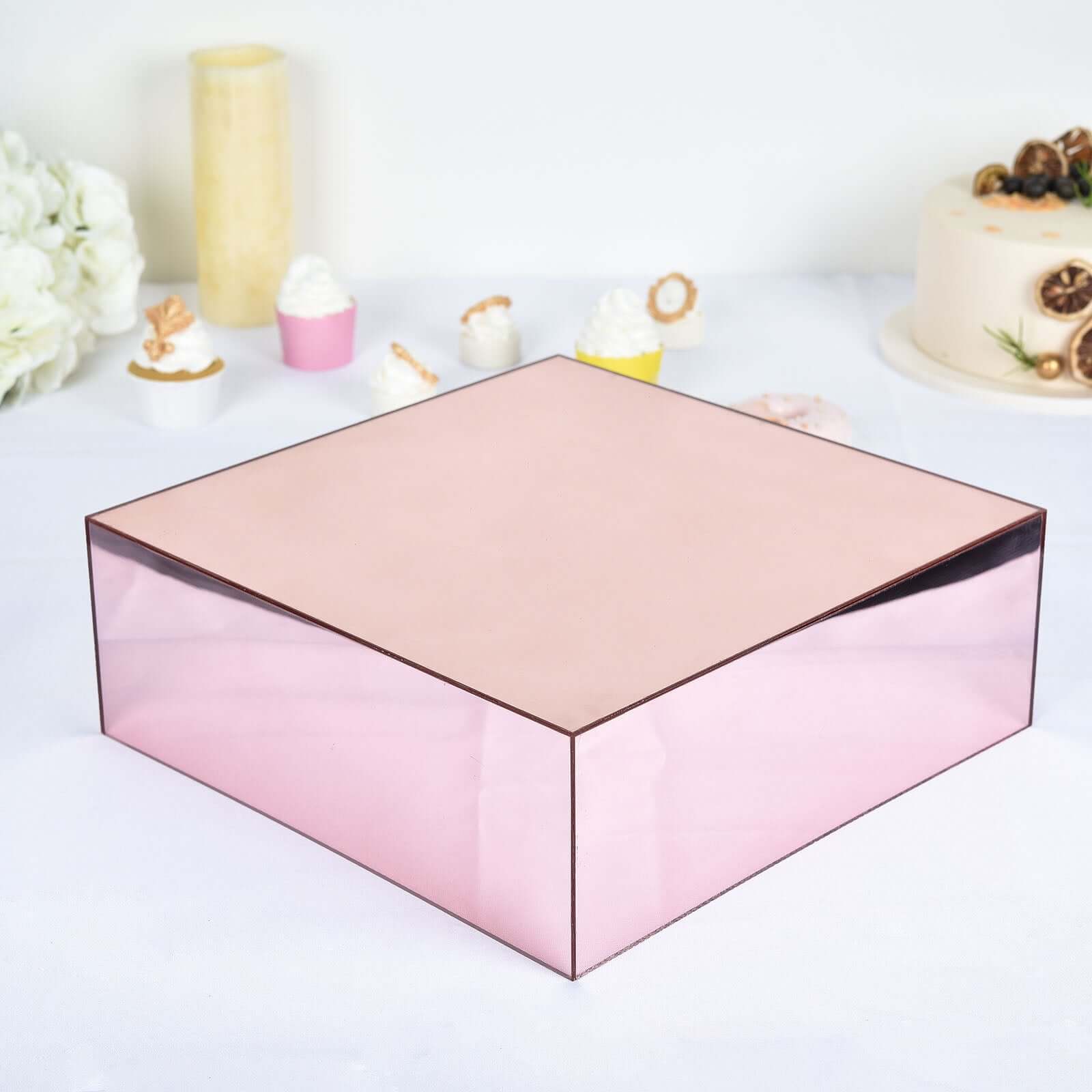 Acrylic Cake Box Stand Pedestal Riser Mirror Finish Rose Gold - Display for Desserts and Events 14x14