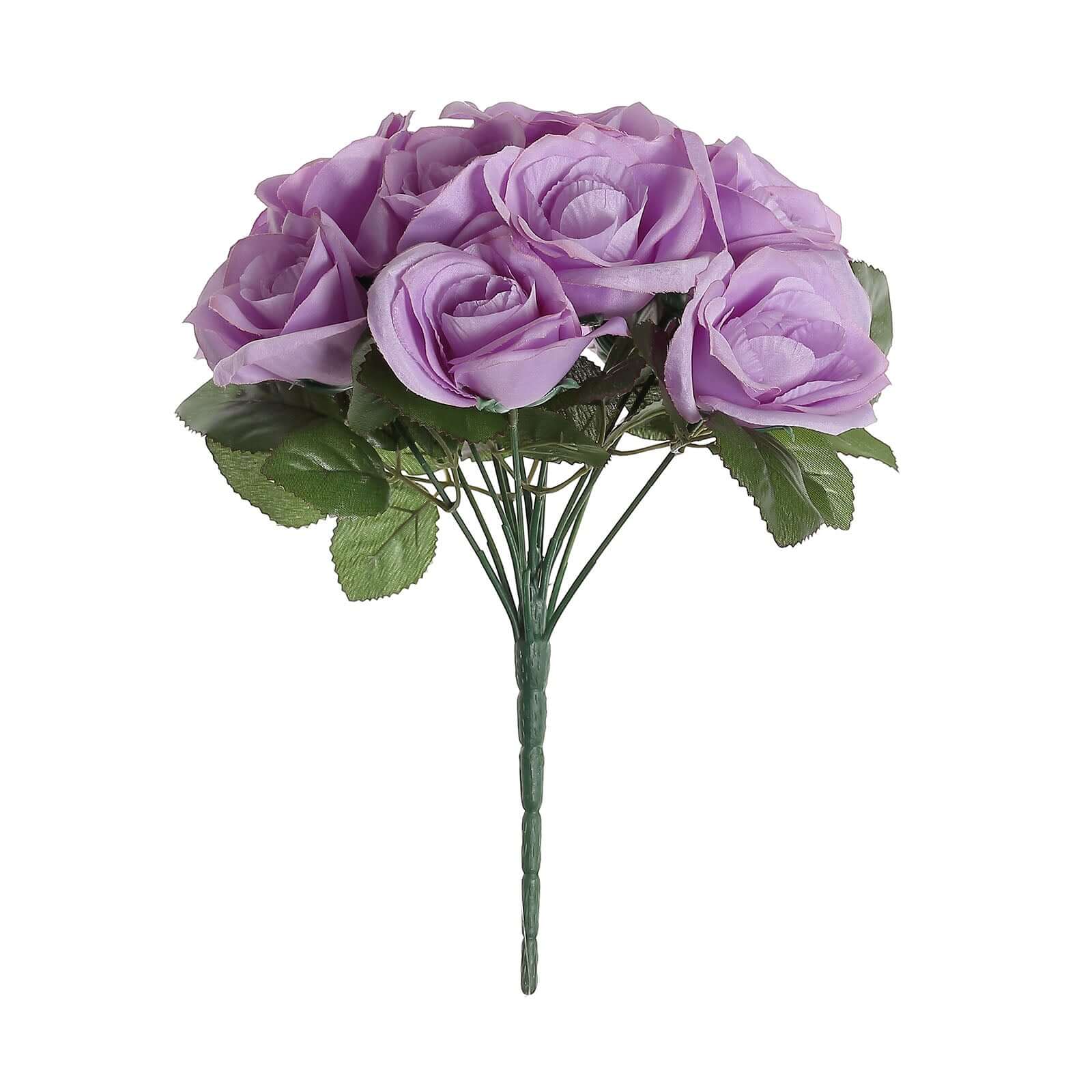 12 Lavender Lilac Artificial Velvet-Like Fabric Rose Flower Bouquet Bush