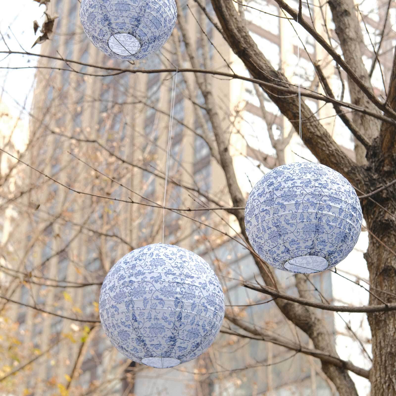 Set of 8 White Blue Hanging Chinese Lanterns in French Toile Floral Pattern, Festival Paper Lanterns - 6,8,10,14