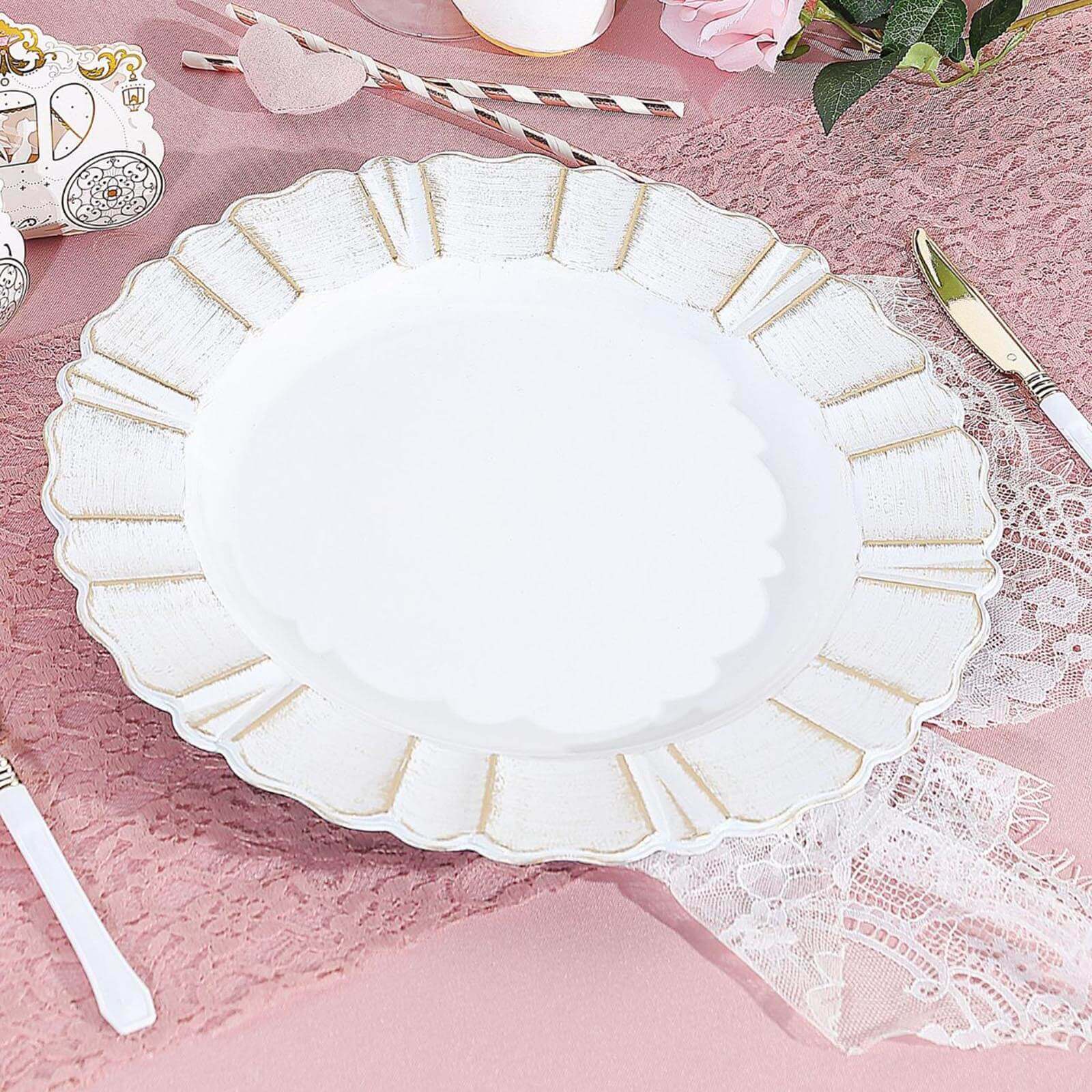 6-Pack Acrylic Plastic Round Charger Plates 13 in White with Gold Brushed Wavy Scalloped Rim, Decorative Dinner Party Charger Tableware