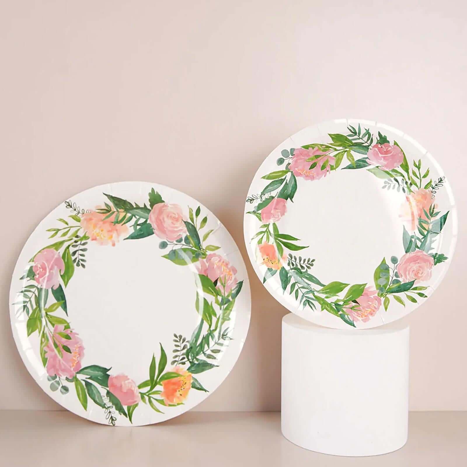 25-Pack Paper 7 Round Dessert Plates in White with Rose/Peony Flower Wreath - Disposable Appetizer Salad Plates for Special Occasions & Gatherings