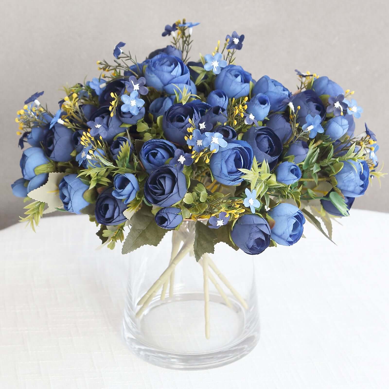 4 Pack 12 Artificial Navy Blue Ranunculus Silk Flower Bridal Bouquets, Faux Buttercup Floral Arrangement