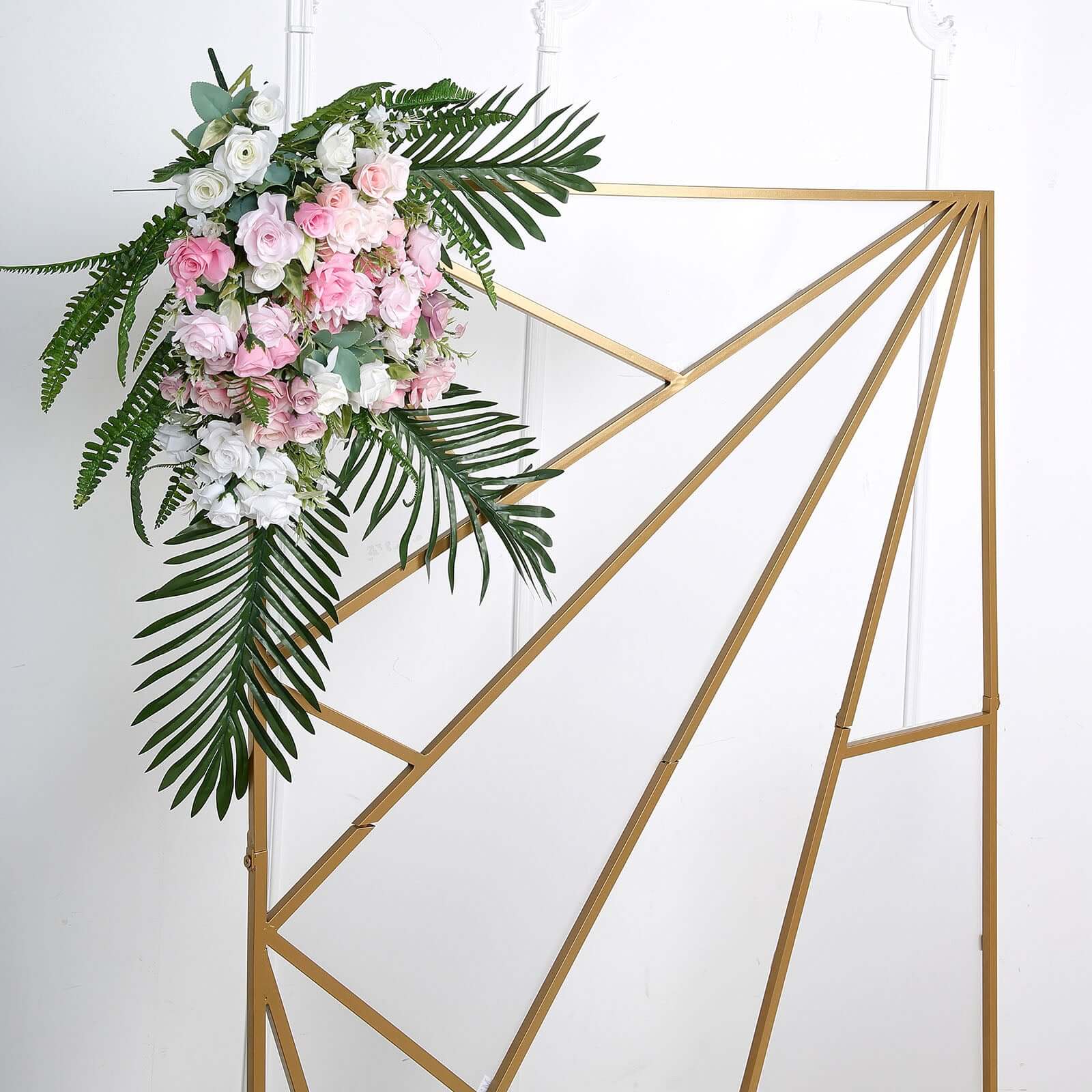 6ft Tall Gold Metal Rectangular Geometric Flower Frame Prop Stand, Wedding Backdrop Floor Stand With Cloudy Film Insert