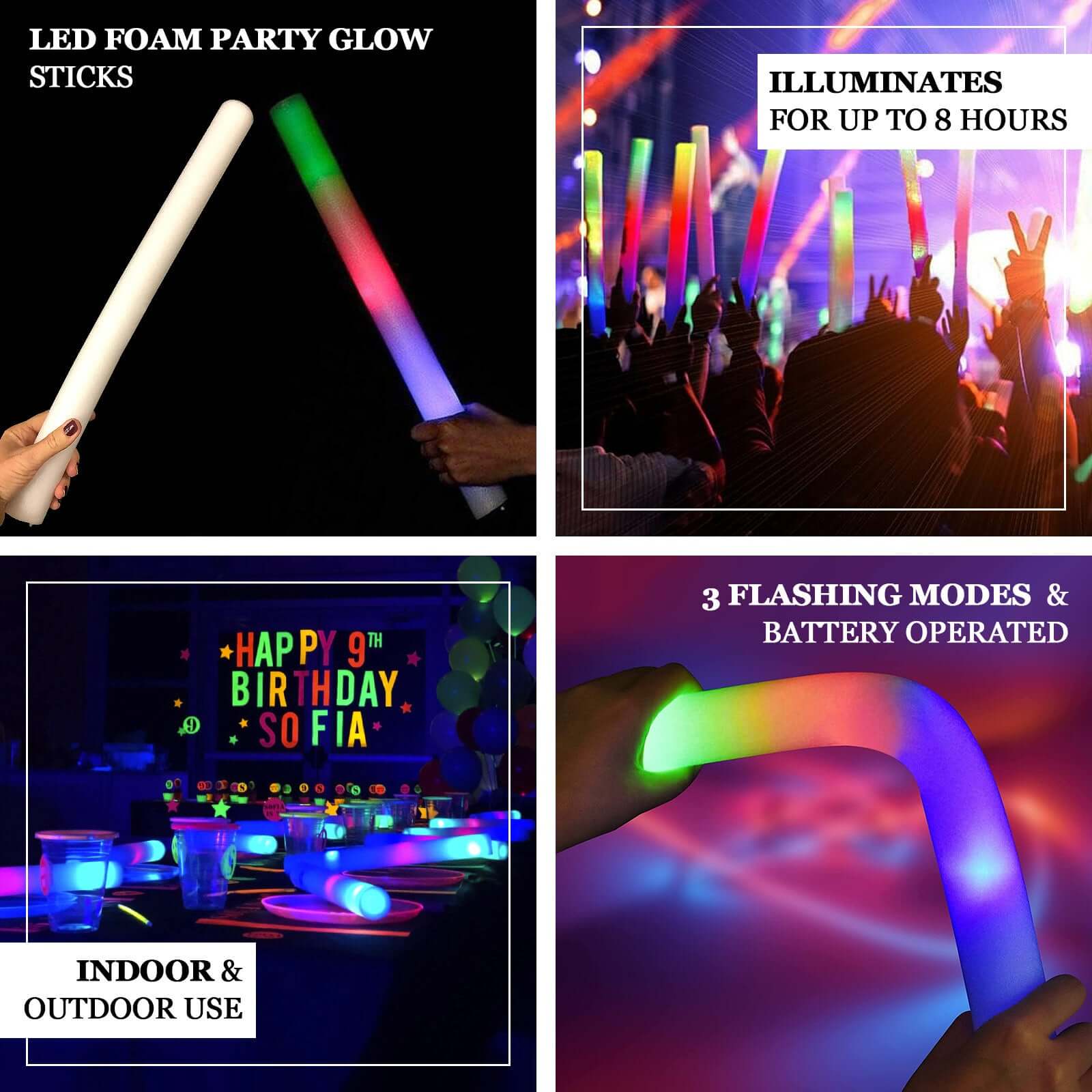 20 Pack Multicolor LED Foam Party Glow Sticks With 3 Flashing Modes, 19 Reusable Battery Operated Light Sticks