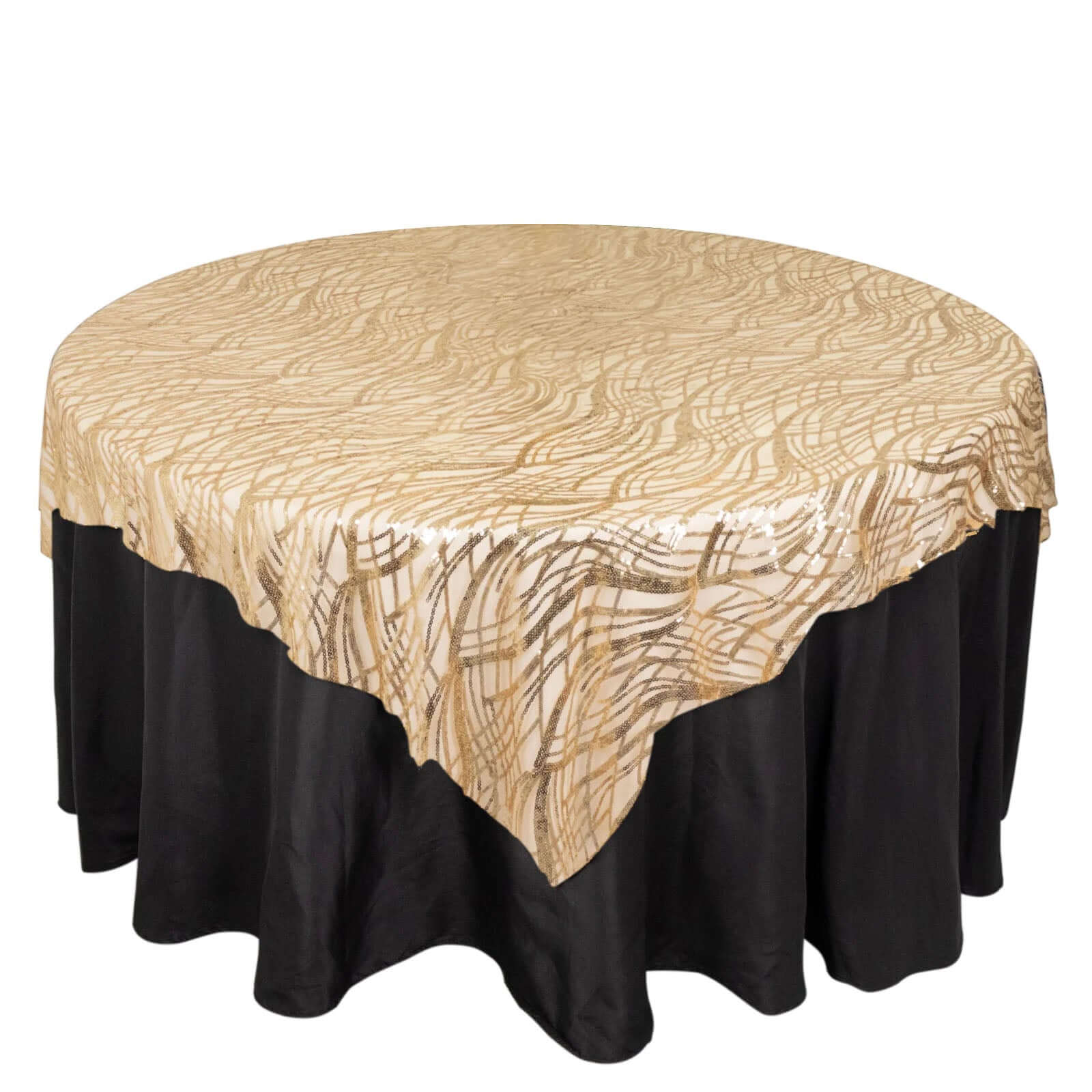 Mesh 72x72 Table Overlay Square Tablecloth Champagne - Wave Embroidered Sequins Table Topper