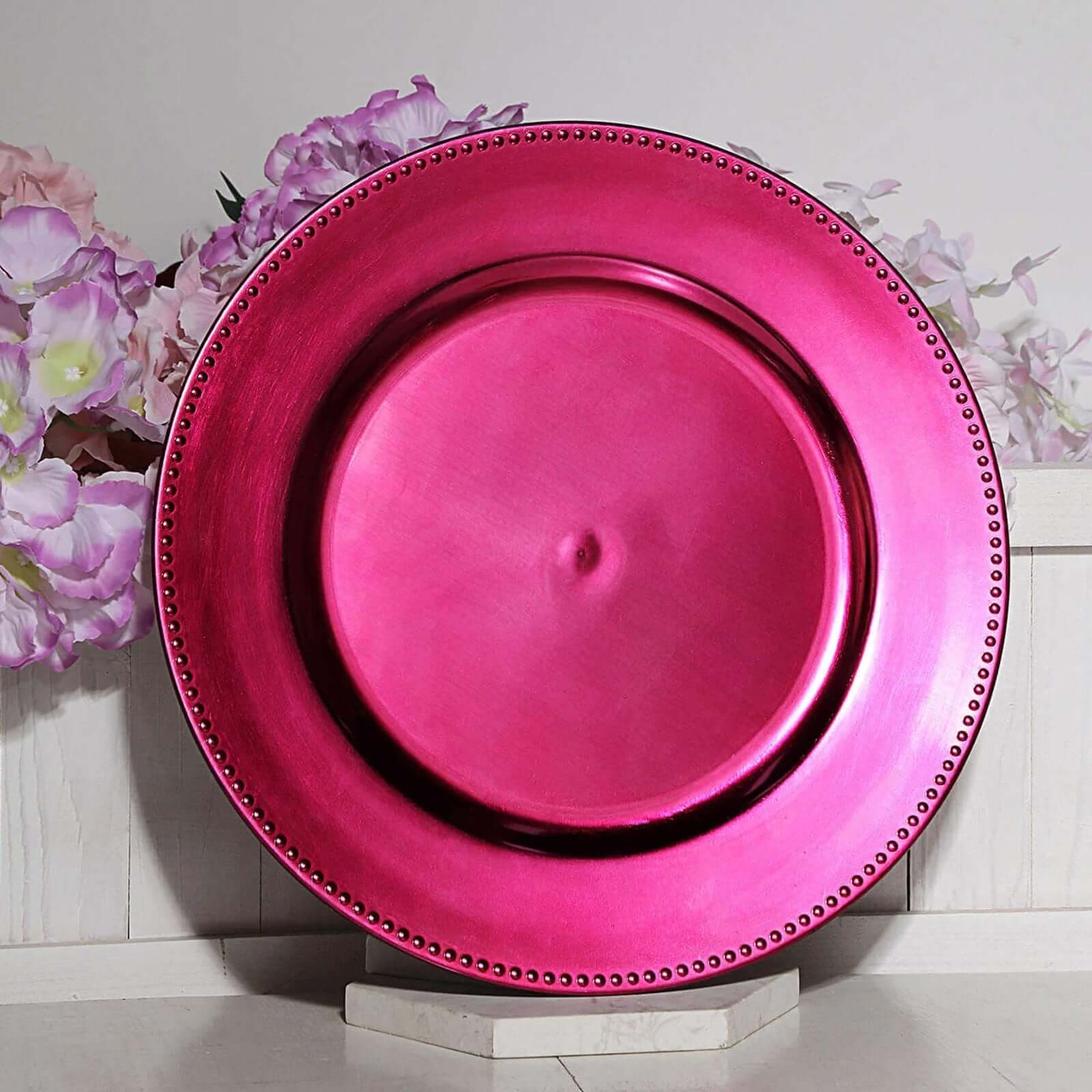 6-Pack Acrylic Round Charger Plates 13 in Hot Pink with Beaded Rim, Dinner Charger Event Tabletop Decor