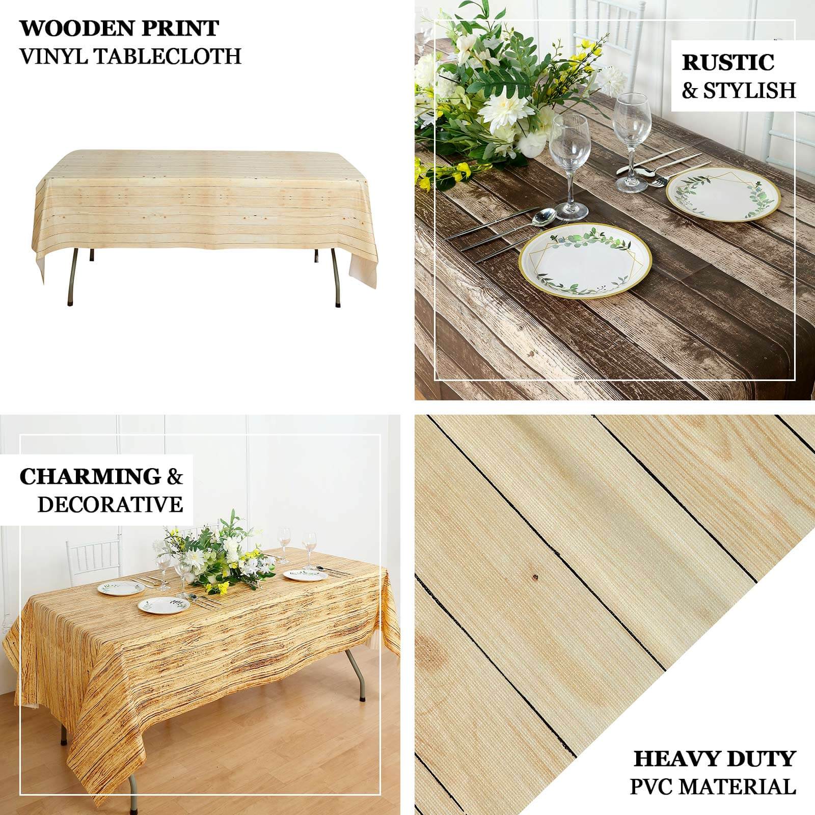 Plastic Table Cover Natural Rectangle with Rustic Wooden Print - Durable PVC Disposable Tablecloth 52x108