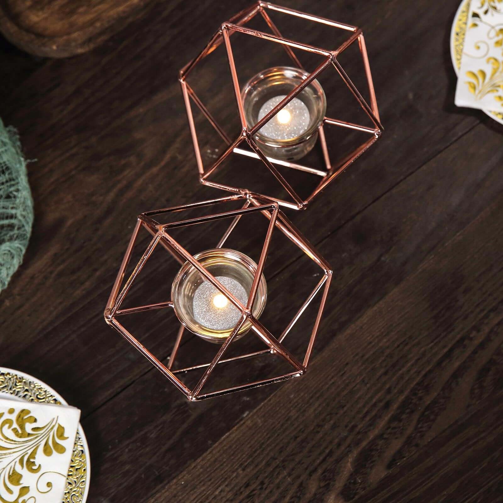 Set of Metal Candle Holders Linked Geometric Design Rose Gold - Modern Table Decor with Votive Glass for Gatherings 11