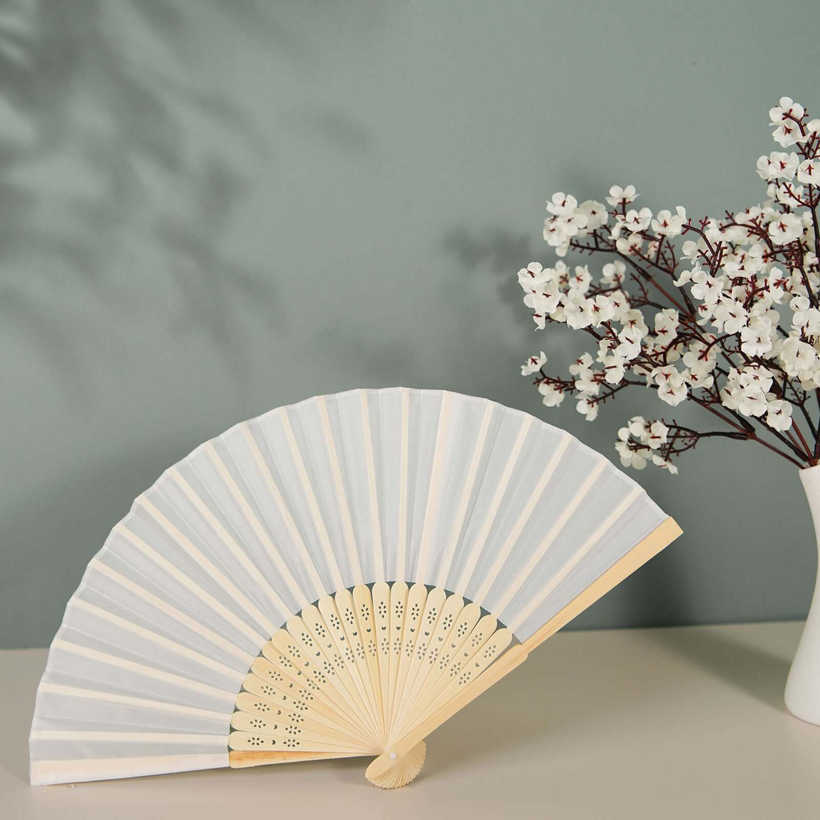 5 Pack White Asian Silk Folding Fans Party Favors, Oriental Folding Fan Favors