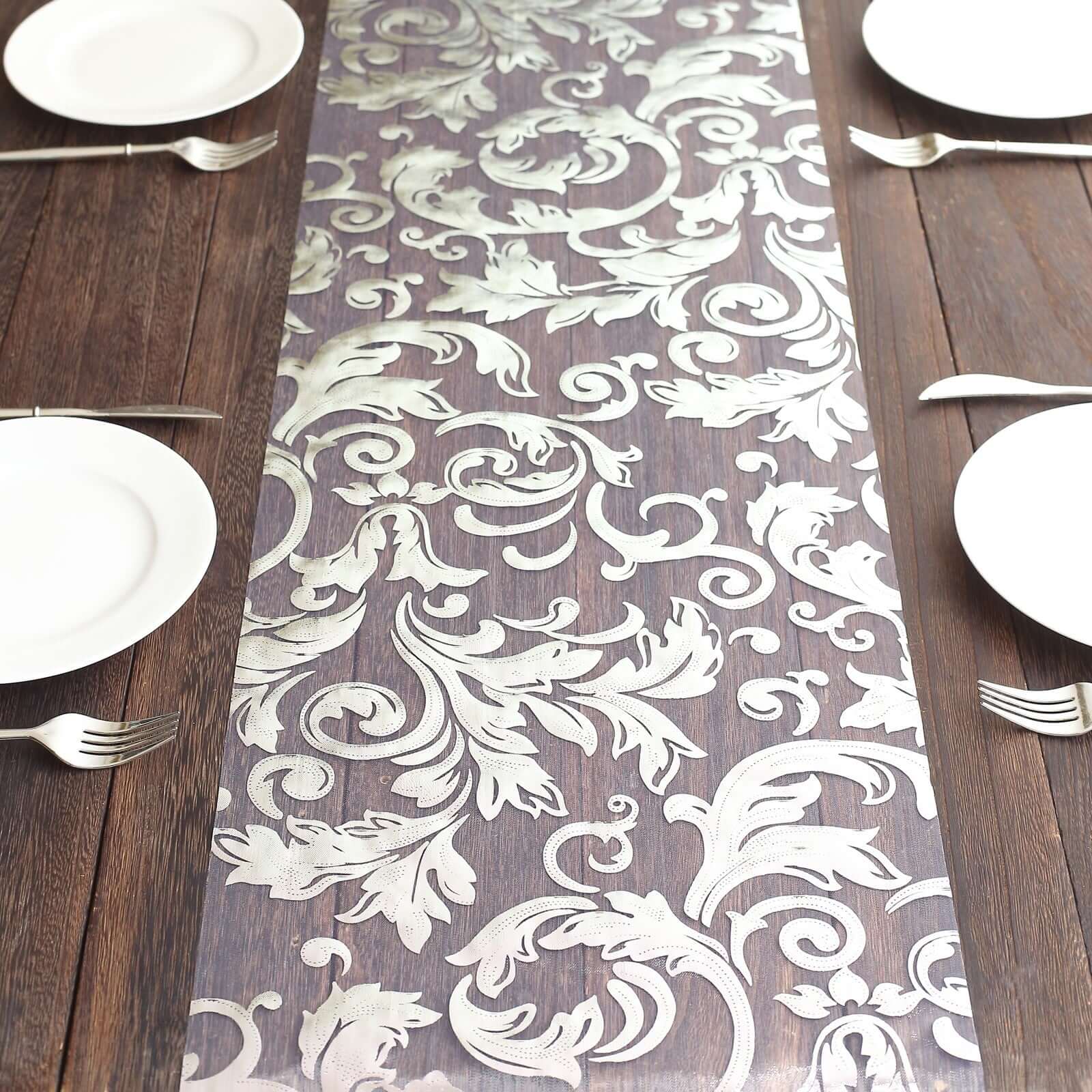 Sheer Organza 12x108 Table Runner Roll Metallic Silver Foil Floral Swirl Design - Disposable Stylish Event Decoration