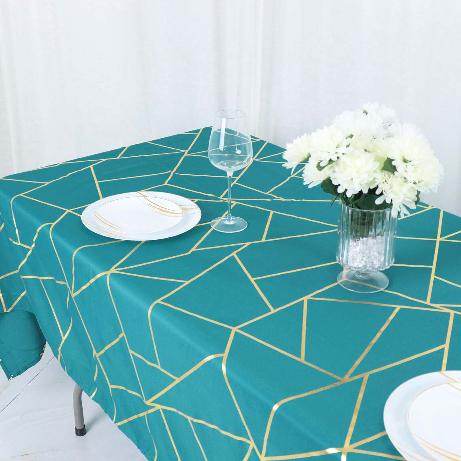 Polyester 60x102 Rectangle Tablecloth Teal with Gold Foil Geometric Pattern - Wrinkle-Resistant & Durable Table Cover