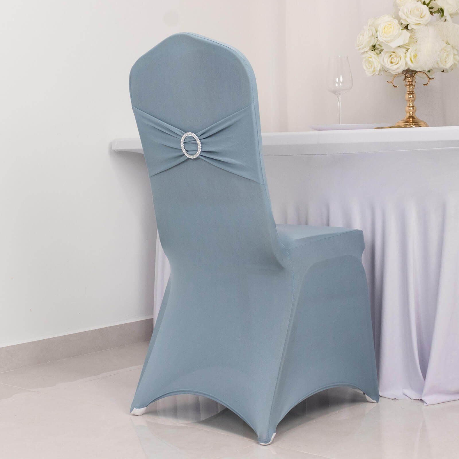 Spandex Chair Cover with Dusty Blue Rhinestone Buckled Sash Band Blush - Stretch Fitted Slipcover