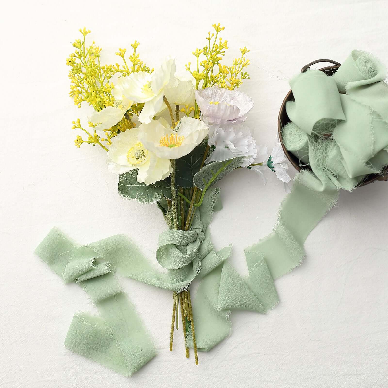 2 Pack 6yds Sage Green Silk-Like Chiffon Ribbon Roll, DIY Wedding Bouquet Linen Wrap