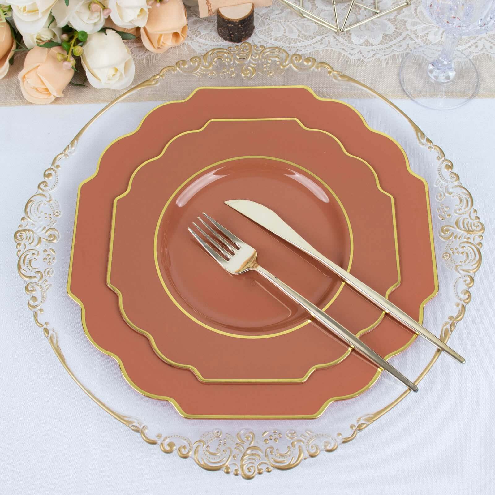 10-Pack Plastic Dessert Appetizer Plates in Terracotta (Rust) Baroque Design with Scalloped Gold Rim - Heavy Duty Disposable Salad Plates 8