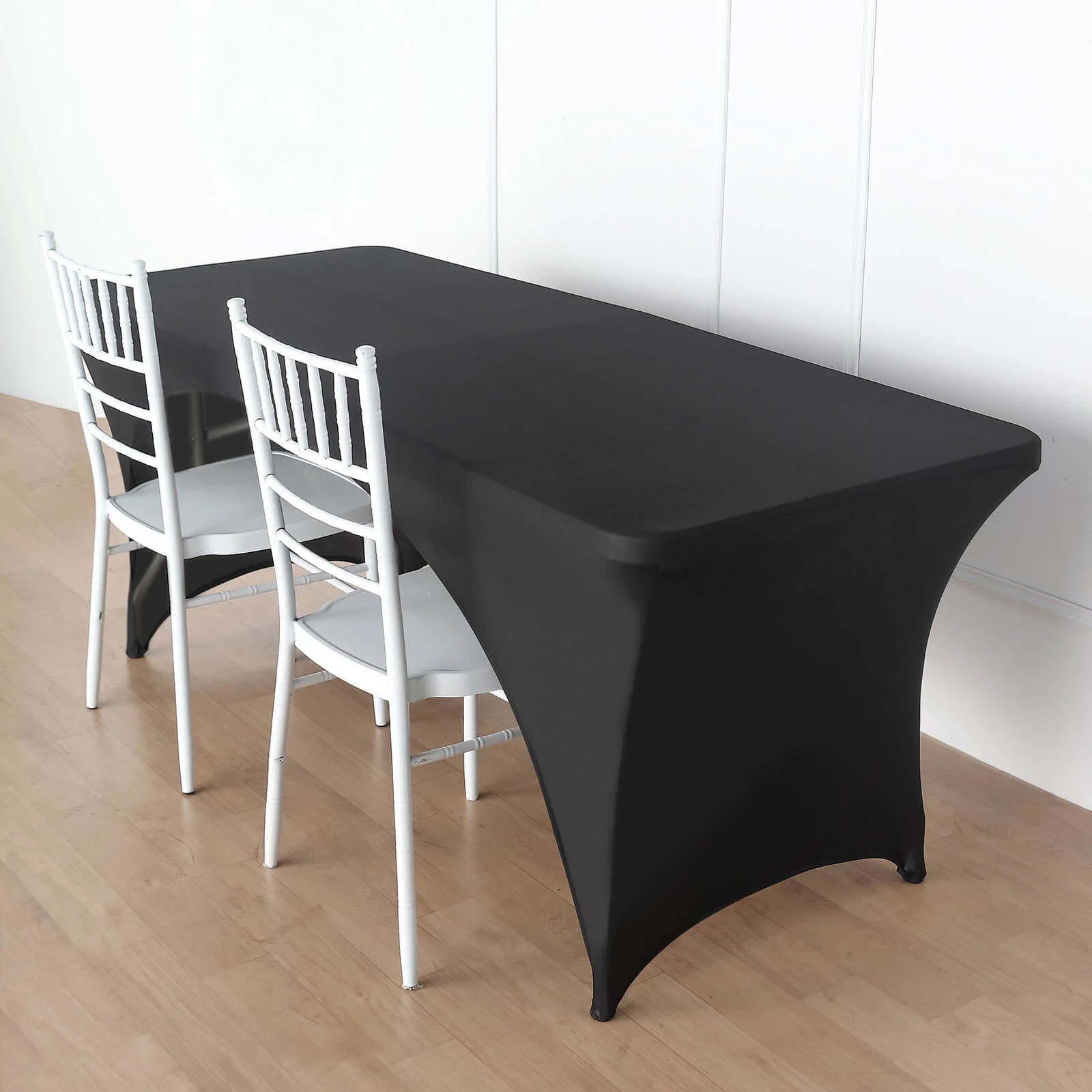 Stretch Spandex 96x30 Rectangle Table Cover Black with Curved Open Back Design Tailored Professional Look for Tradeshows, Events & Exhibitions