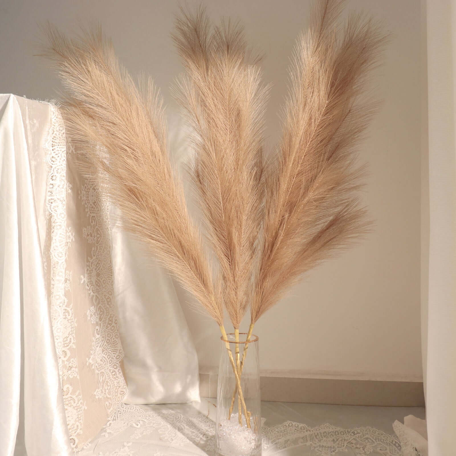 3 Stems Artificial Pampas Grass Decor Taupe - Soft Realistic Faux Ornamental Grass Branches for Rustic Boho Chic Backdrops Floral Styling & Vase Displays 44