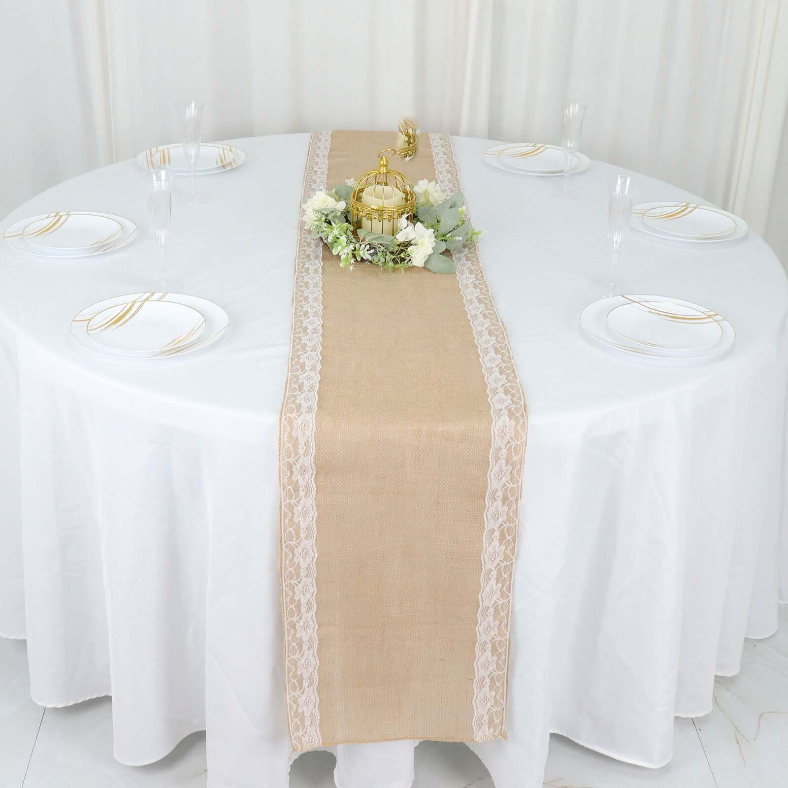 Burlap Jute 14x104 Table Runner Natural With White Lace Trim Edges - Rustic Vintage Tabletop Decor