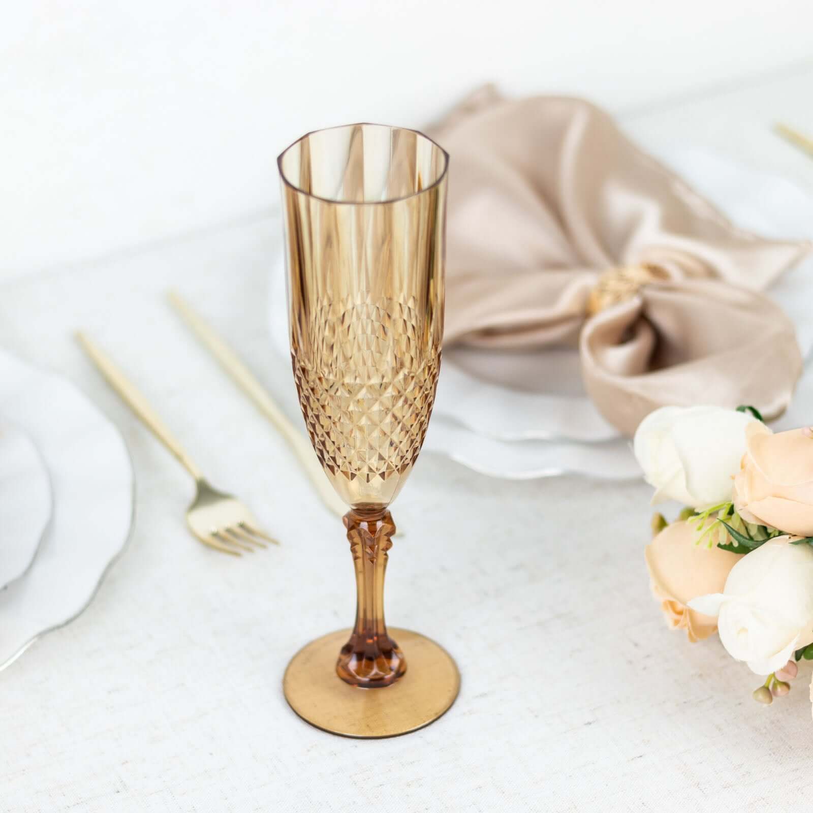 6-Pack Plastic Wedding Toast Flutes Amber Gold Transparent Crystal Cut Style - Reusable Champagne Glasses 8oz