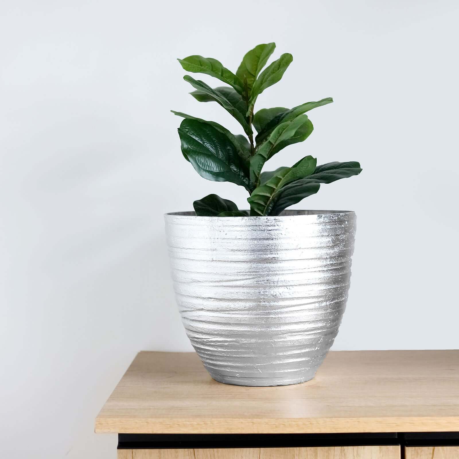 12 Metallic Silver Textured Finish Large Indoor Flower Plant Pot, Decorative Indoor Outdoor Planter