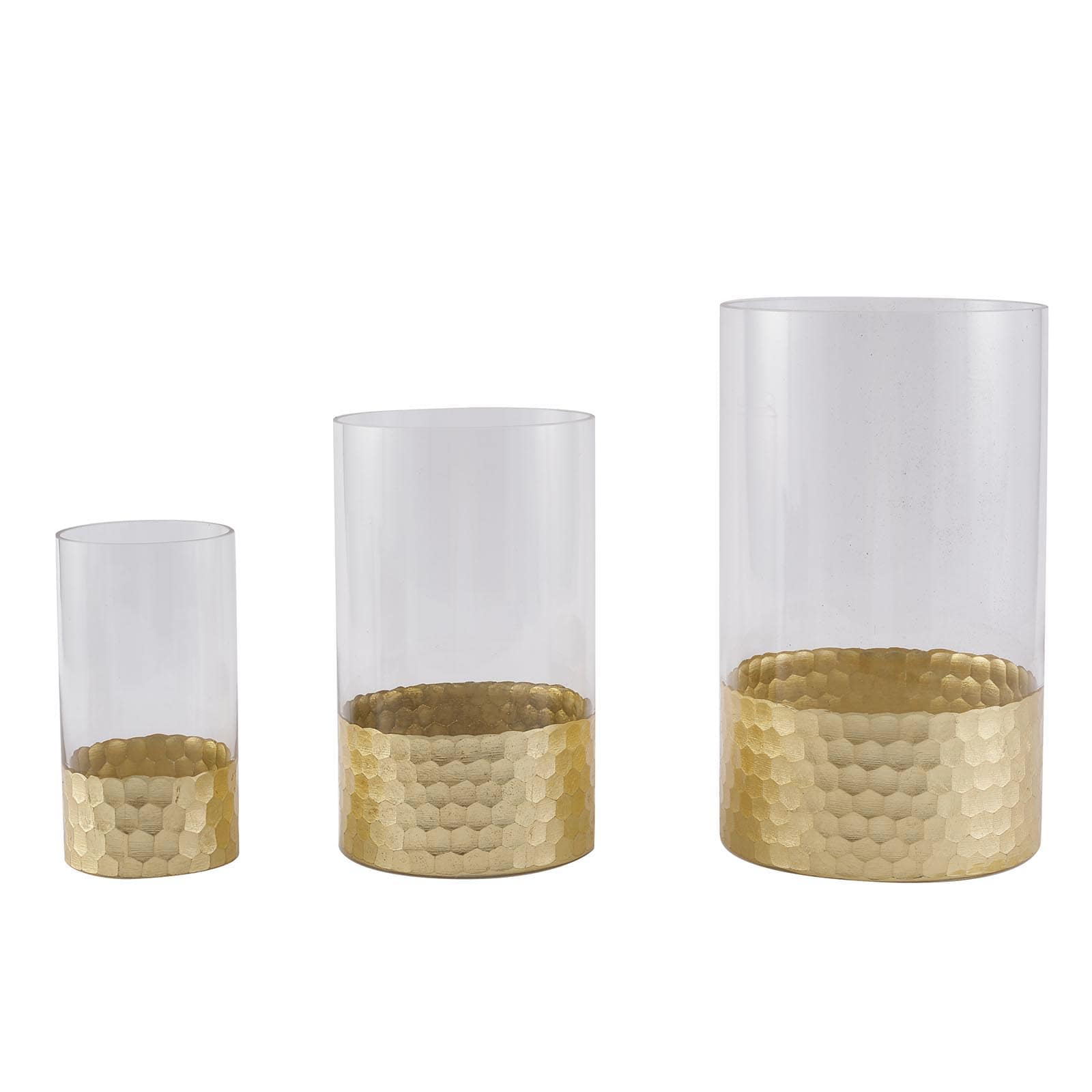 Set of 3 Glass Cylinder Vases Honeycomb Design Clear with Gold Base - Decorative Candle Holder Centerpieces 6, 8, 10