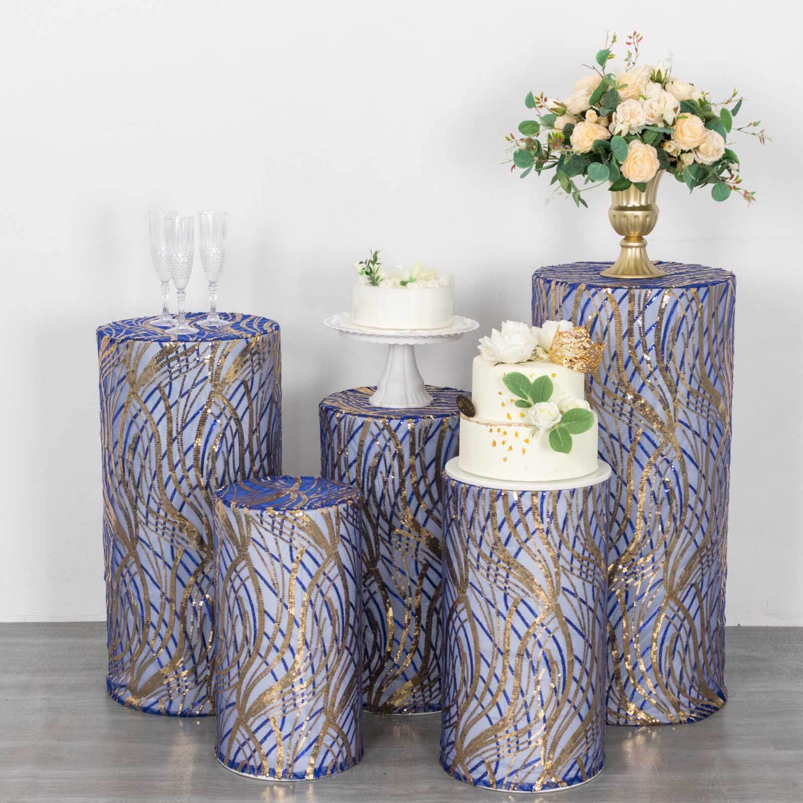 Set of 5 Royal Blue Wave Mesh Cylinder Pedestal Stand Covers with Embroidered Sequins, Pillar Prop Covers - 160 GSM