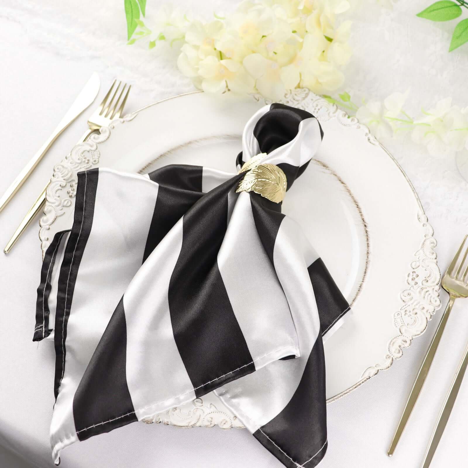 5 Pack Satin 20x20 Napkins Black/White - Striped Reusable Dinner Napkins for Formal & Casual Dining