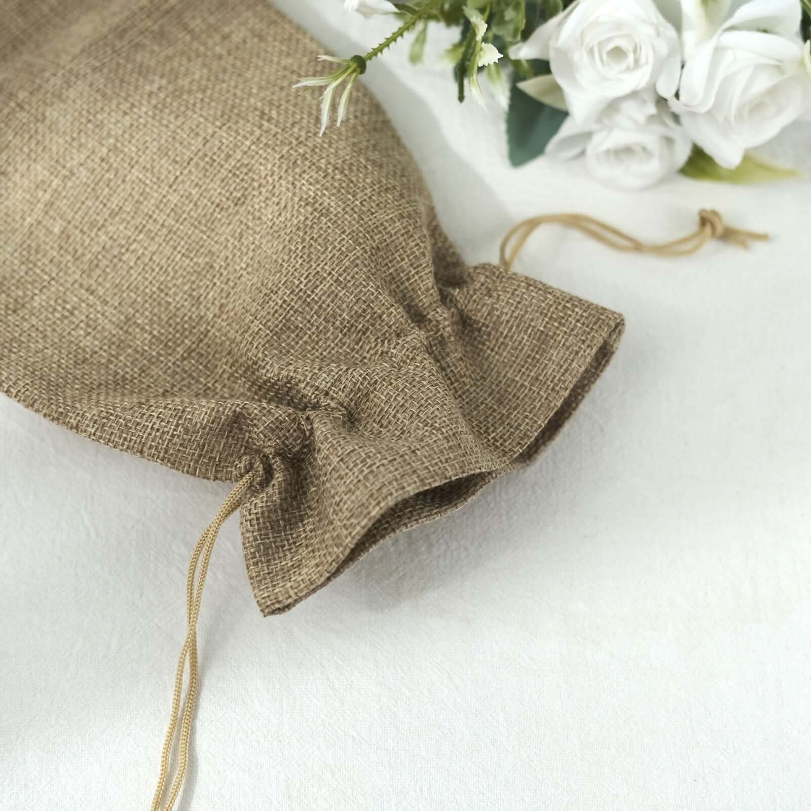 10 Pack Natural Faux Burlap 6x14 Reusable Wine Gift Favor Bags Party, Wedding Wine Bottle Covers With Drawstring, Tags and Jute Rope