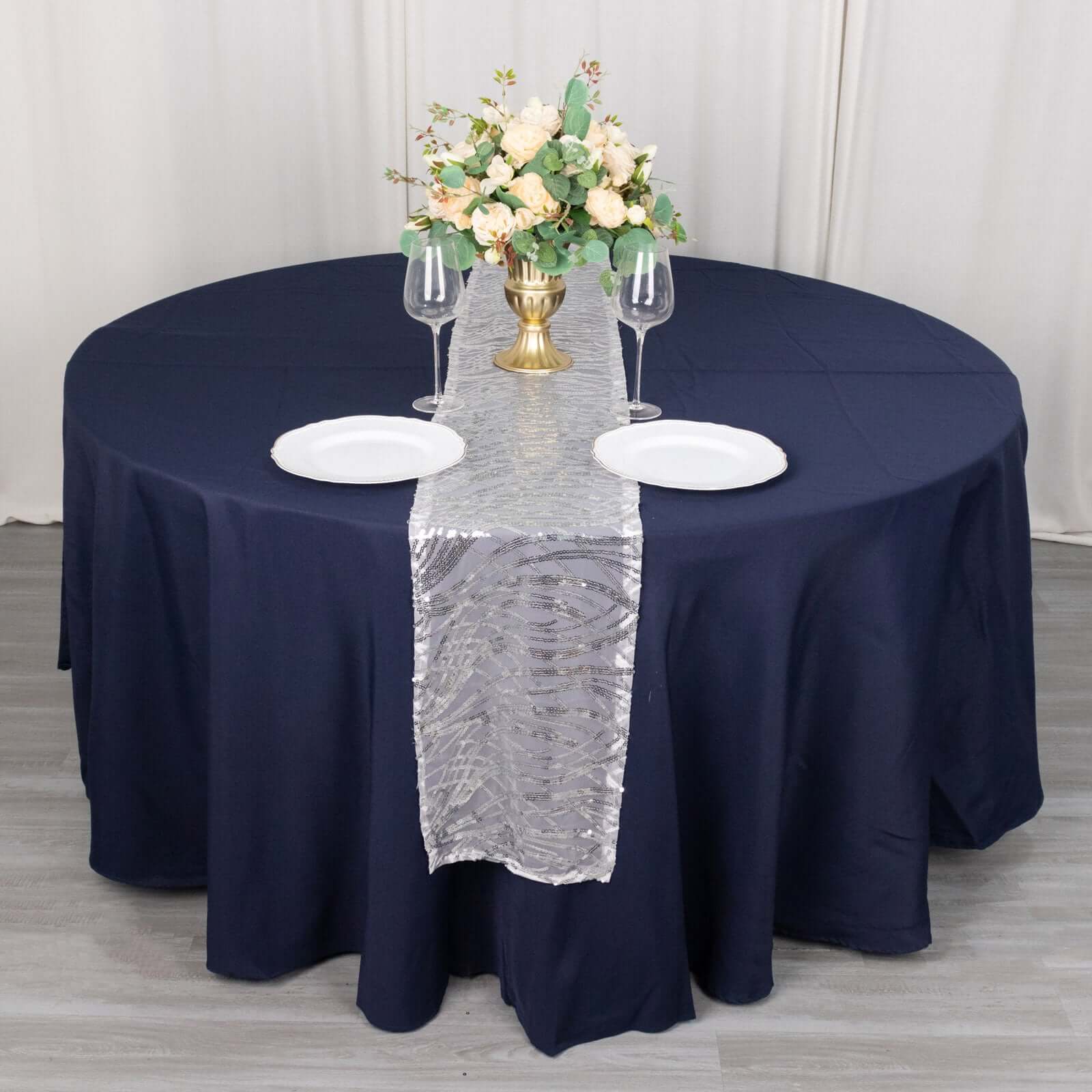 Sequin Mesh 12x108 Table Runner Silver Stylish Wave Embroidery