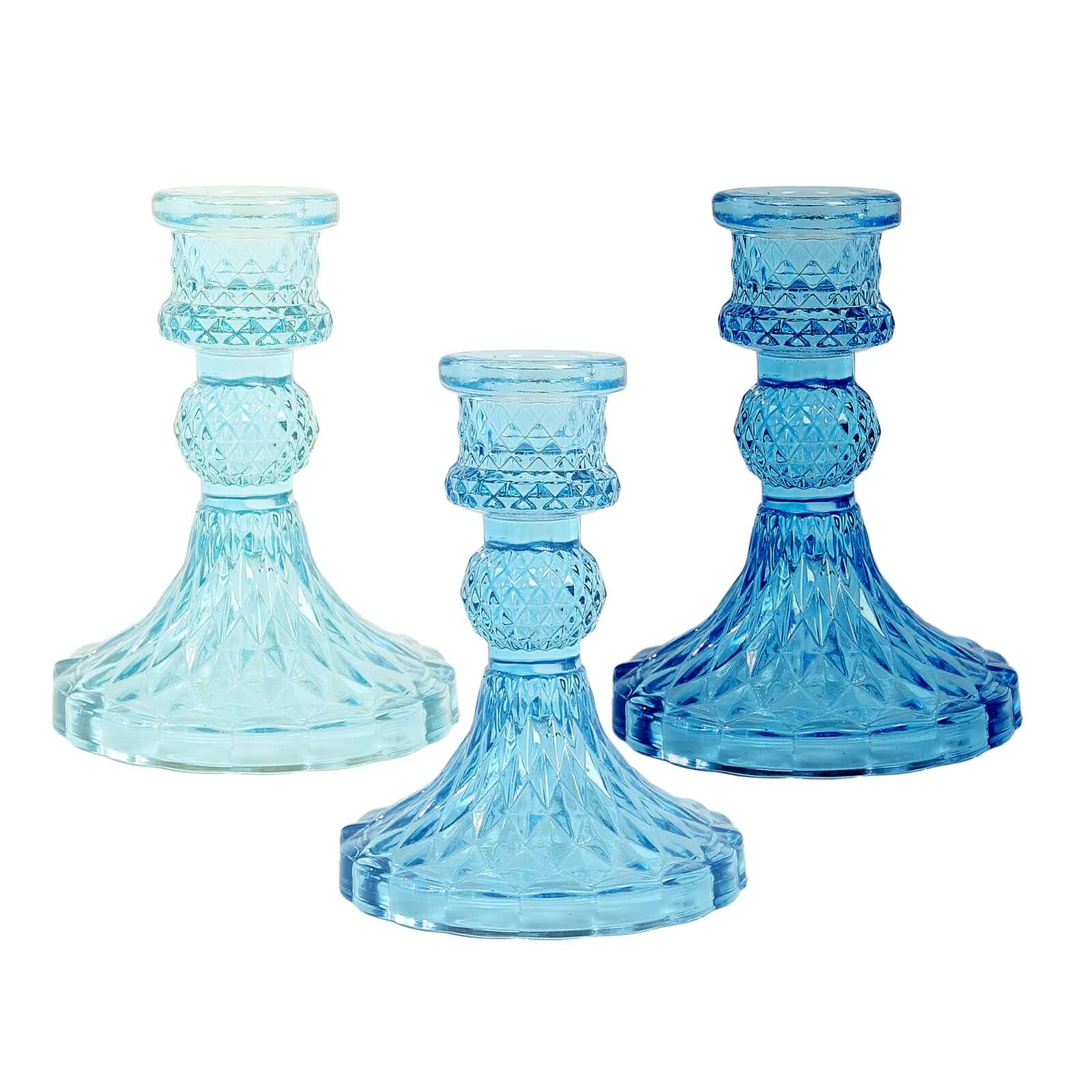 6-Pack Glass Taper Candlestick Holders Diamond Pattern Design Assorted Blue - Reversible Crystal Pillar Votive Stands 4