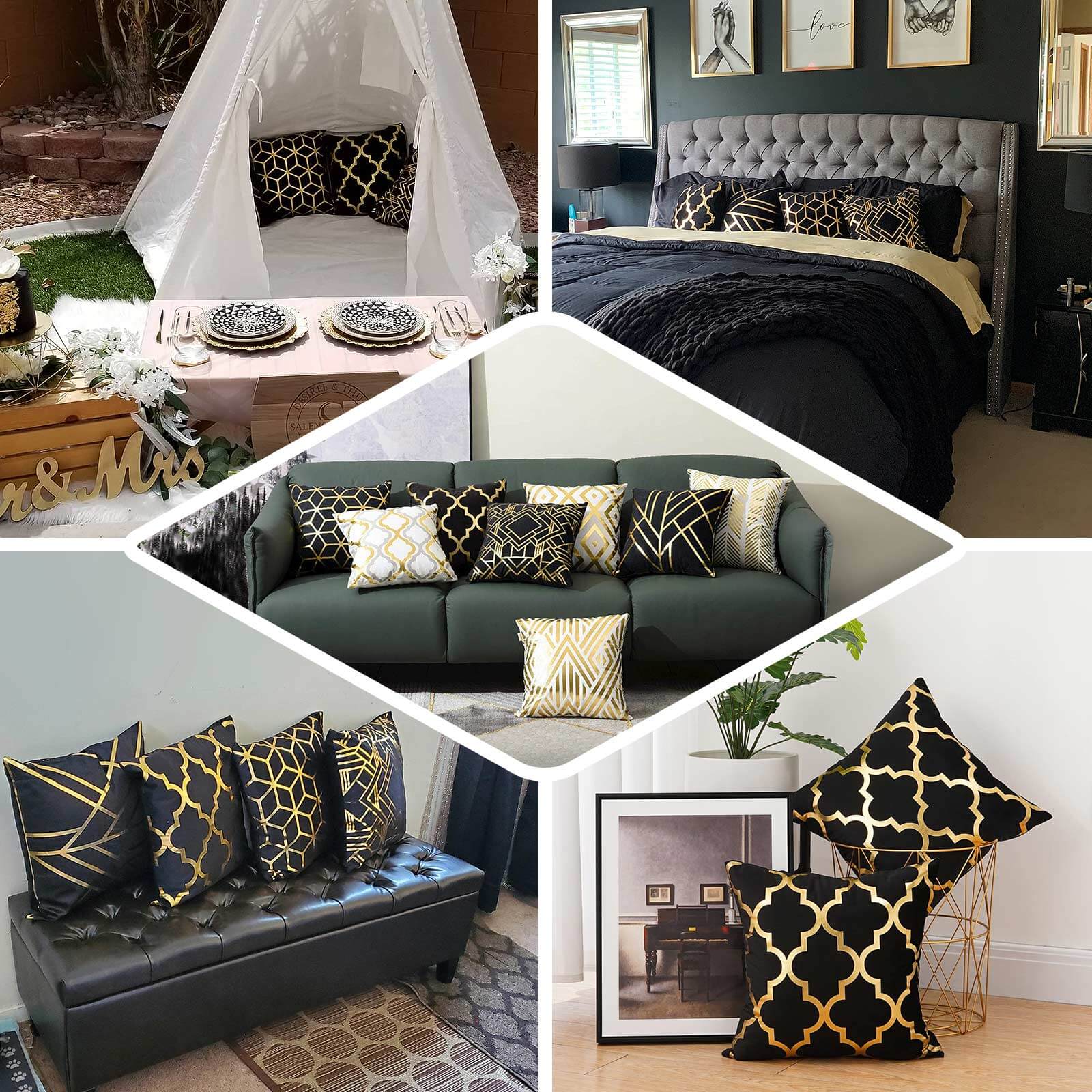 Set Of 4 18 Black Gold Foil Geometric Print Throw Pillow Covers, Velvet Square Sofa Cushion Covers