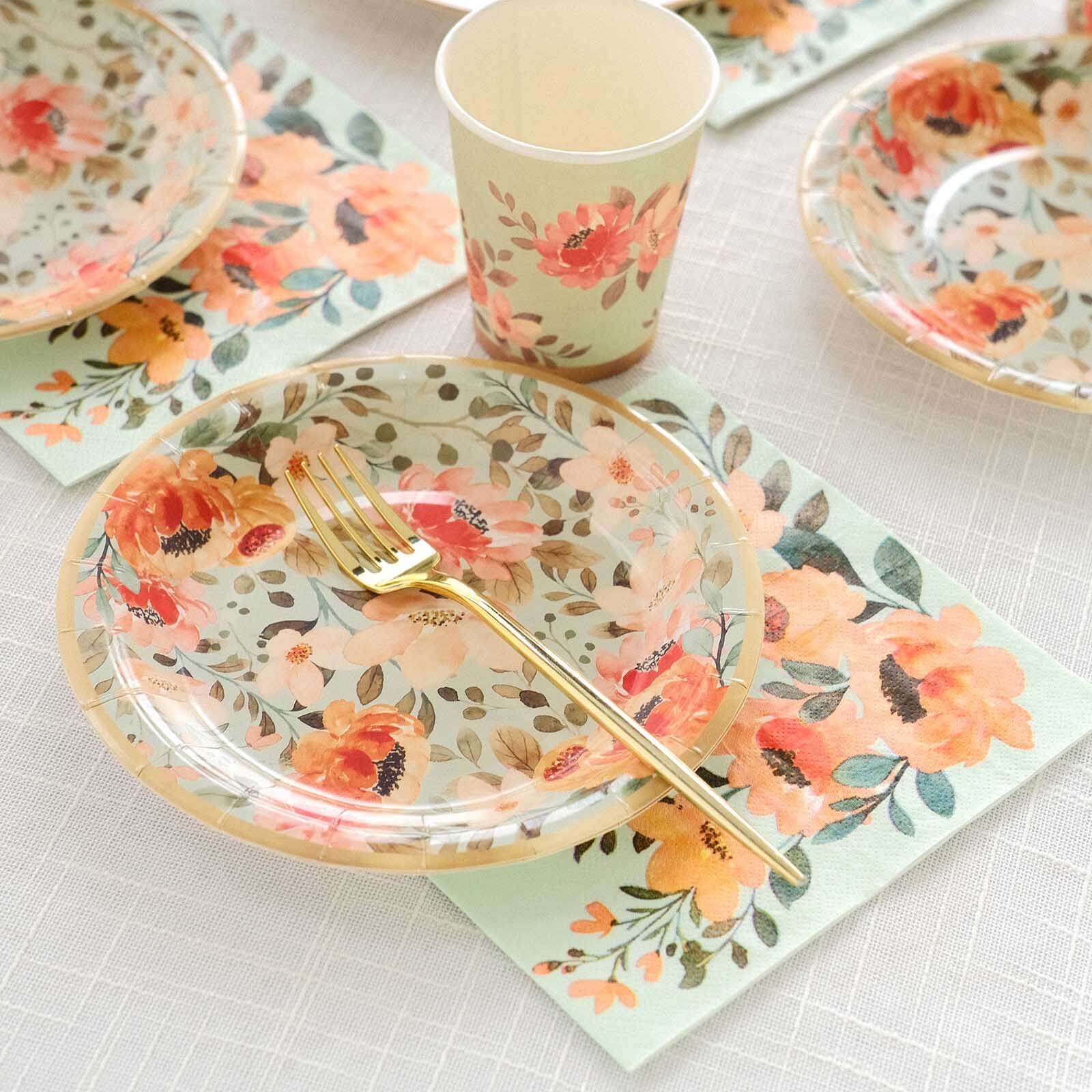 72 Pcs Paper Dinnerware Set with Pink Floral Print Sage Green - Disposable Tableware Combo-Pack with Plates and Cups