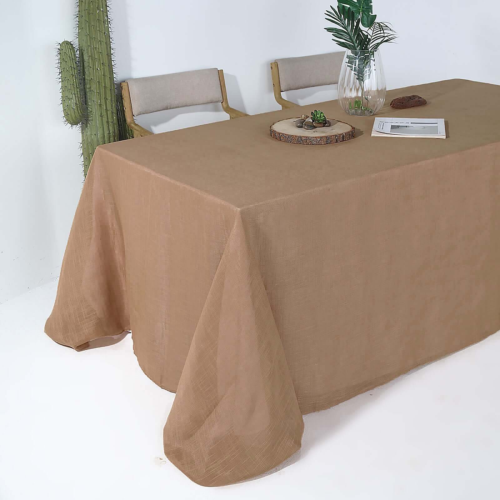 Faux Linen 90x132 Rectangular Tablecloth Natural - Slubby Texture Wrinkle-Resistant Seamless Table Cover