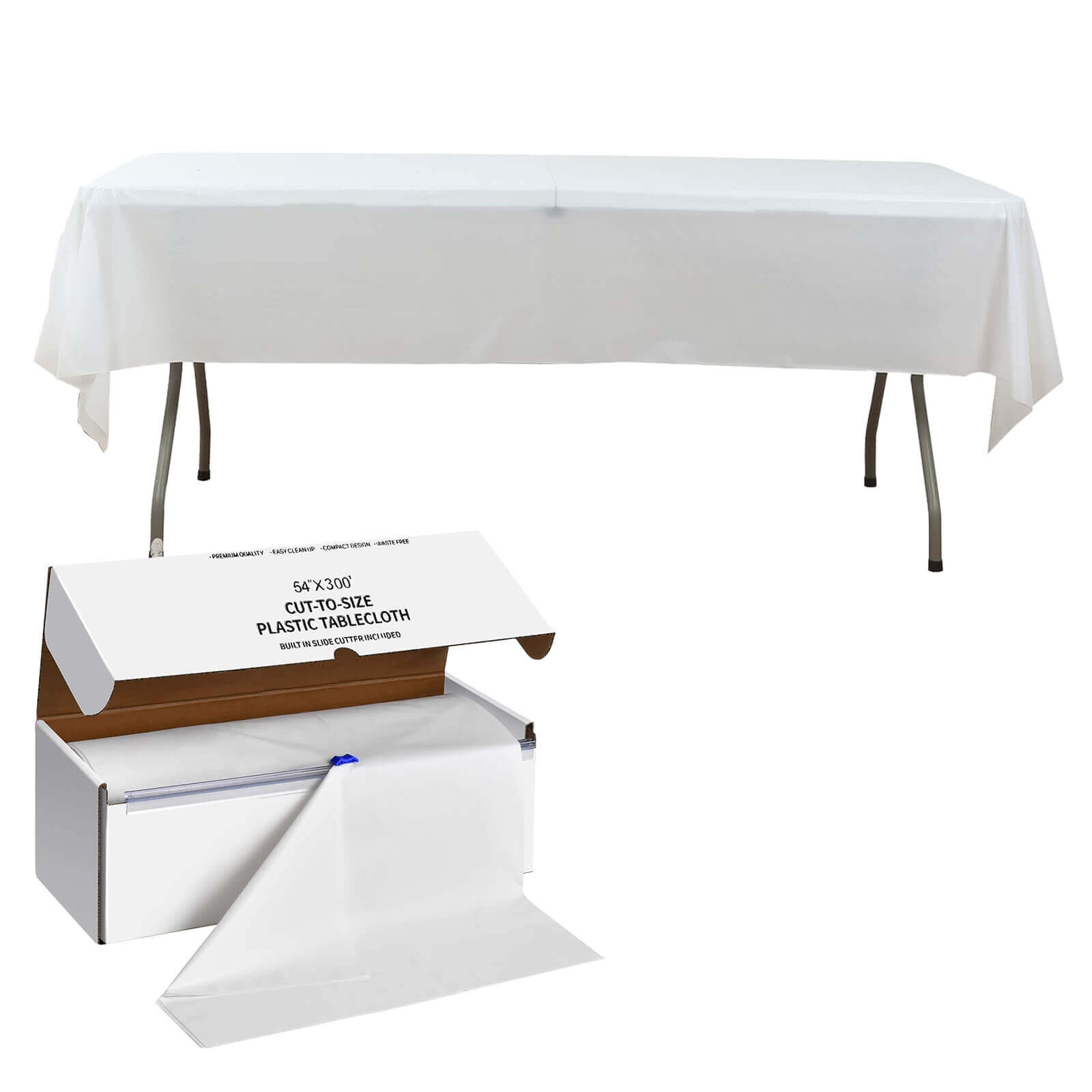 Plastic Table Cover Roll White with Slide Cutter - Customizable Disposable Tablecloth Roll 54x300ft