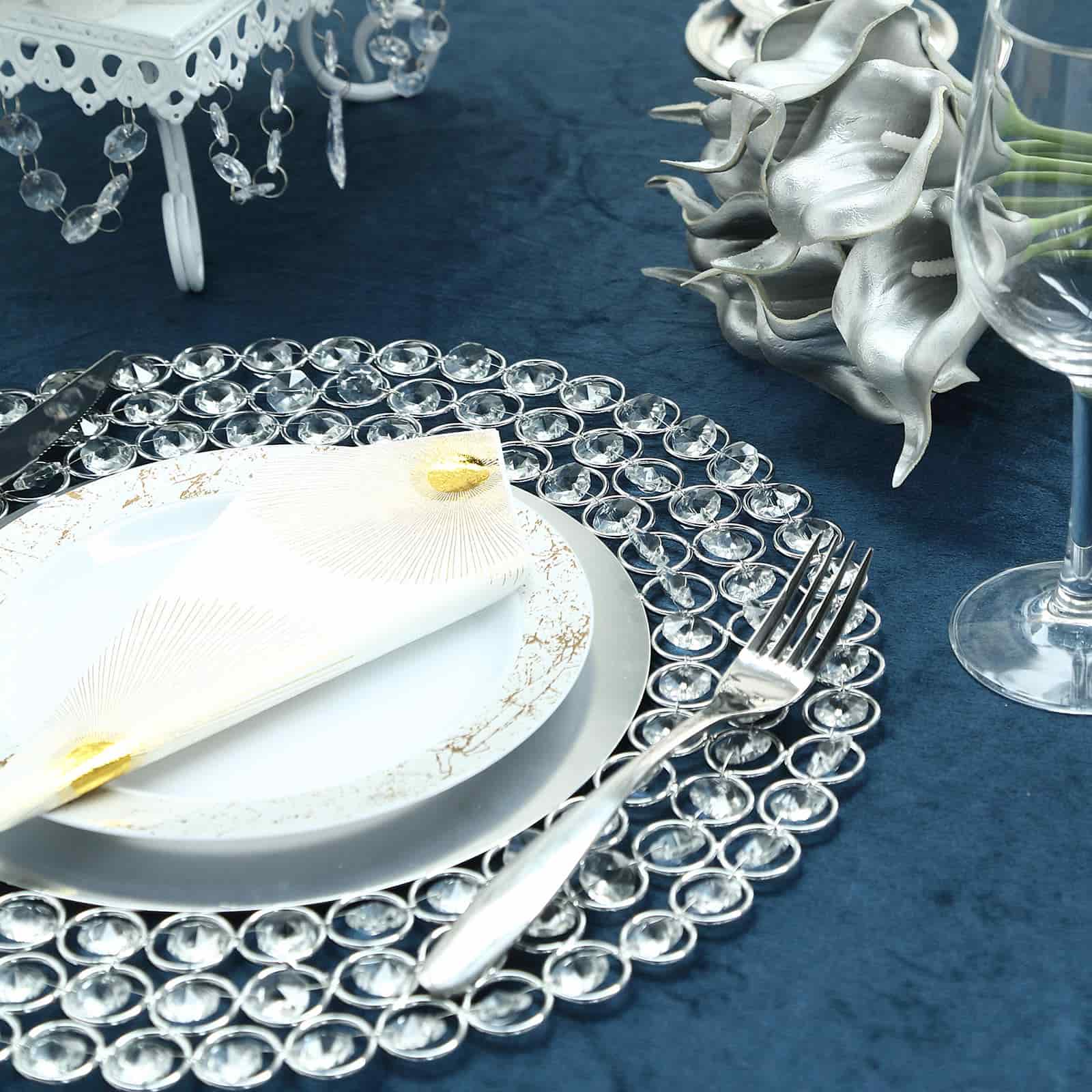 Wired Metal Round Charger Plate 14 in SIlver with Acrylic Crystal Beads, Glamorous Decorative Dinner Charger Tableware