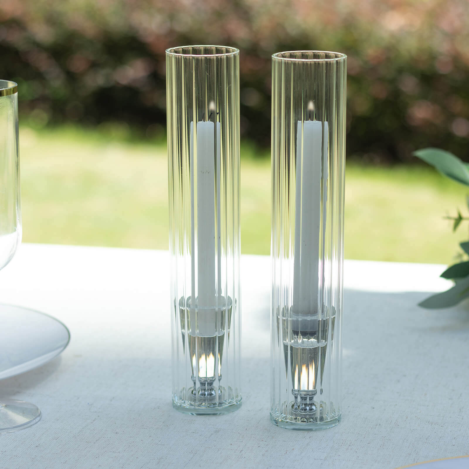 2-Pack Clear Ribbed Glass Hurricane Shades Open End Design - Stylish Candelabra Pillar Candle Holder Table Centerpiece 10