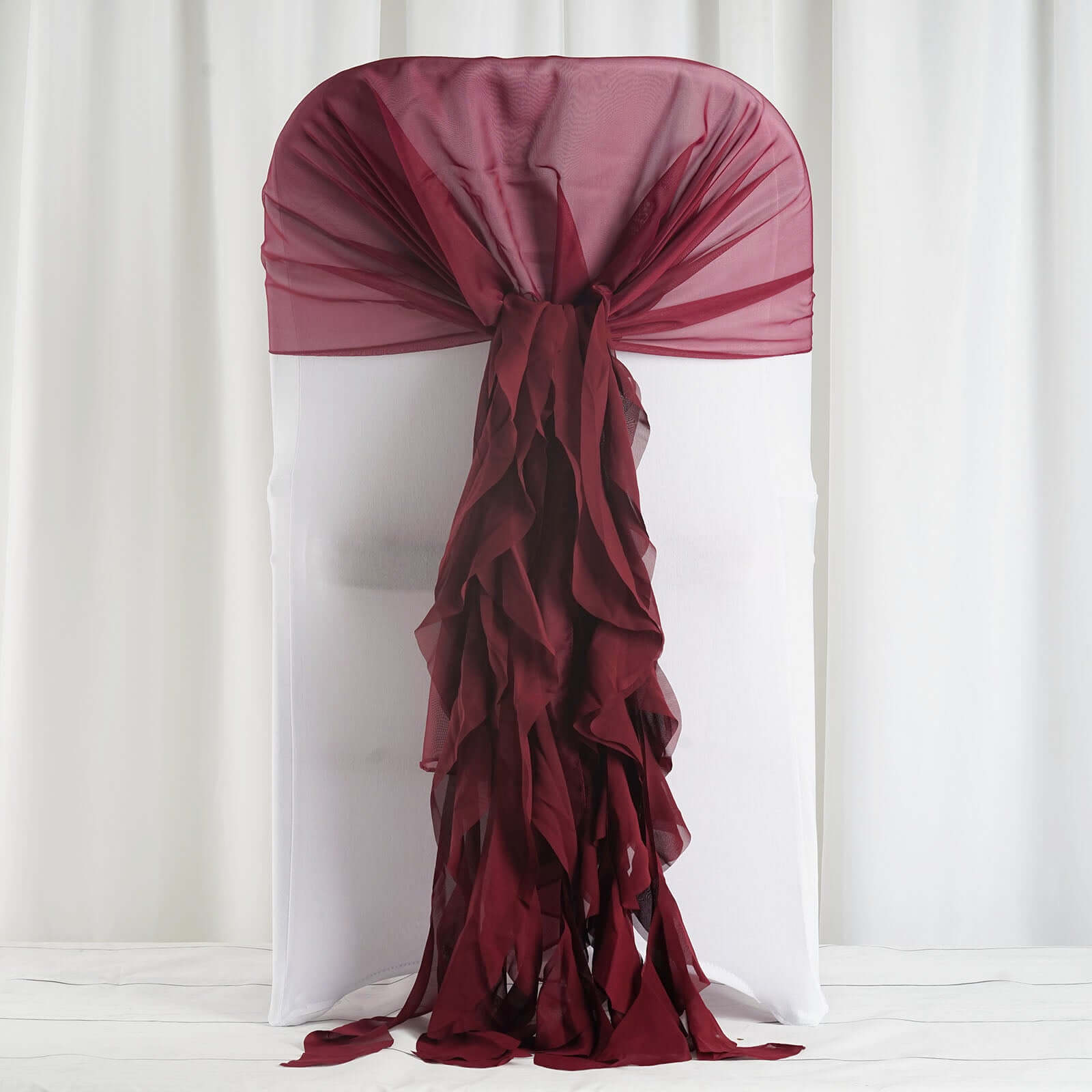 1 Set Chiffon Hoods Chair Sashes with Willow Ruffles Design Burgundy - Stylish Chair Bow Decor