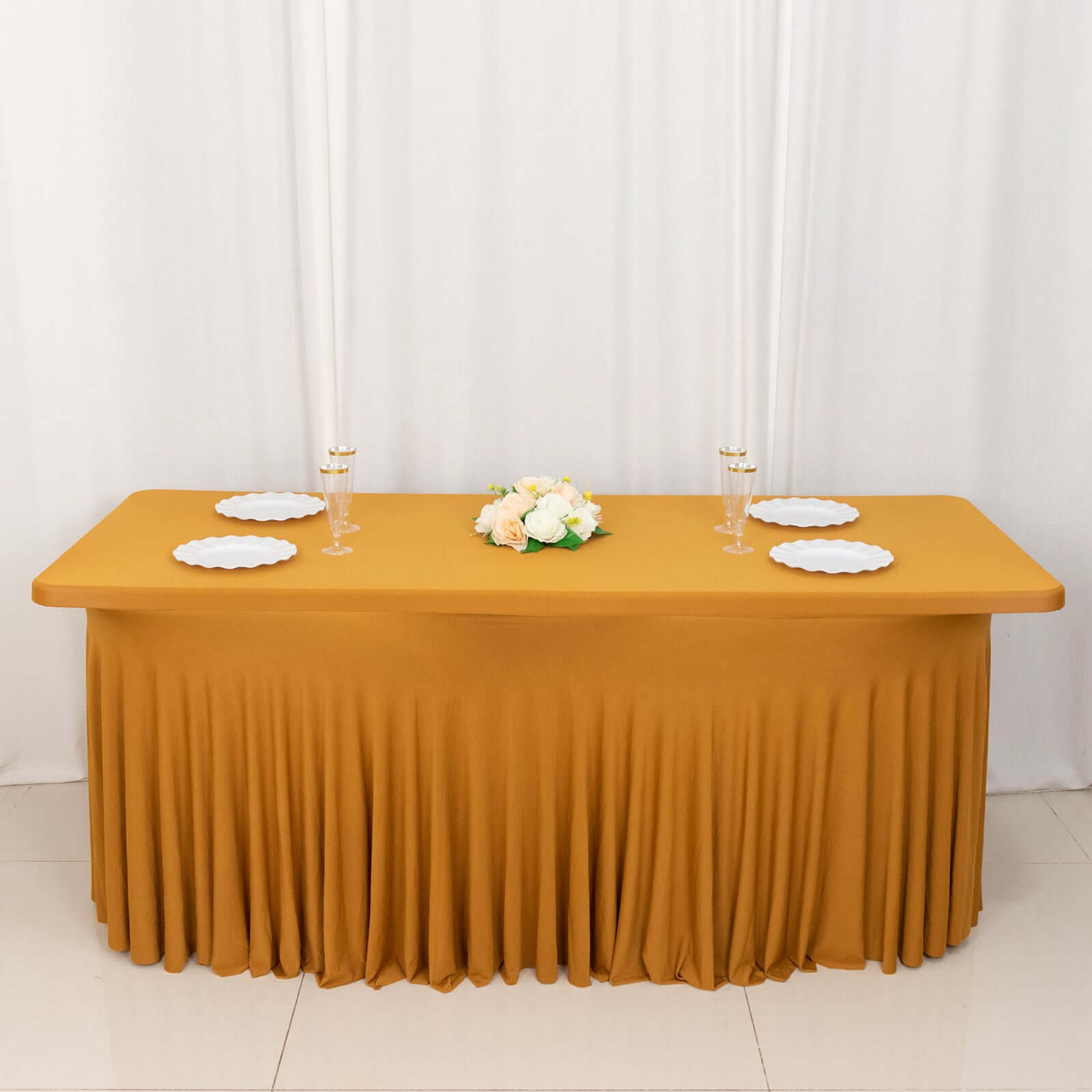 Spandex Rectangle 72x30 Table Skirt Gold with Wavy Skirt-Like Effect Stylish Table Cover for Weddings, Banquets & Trade Shows