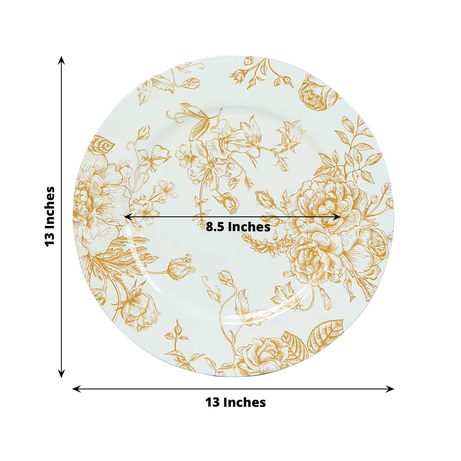 6-Pack Acrylic Round Charger Plates 13 in White with Gold Floral French Toile Pattern, Decorative Dinner Party Charger Tableware