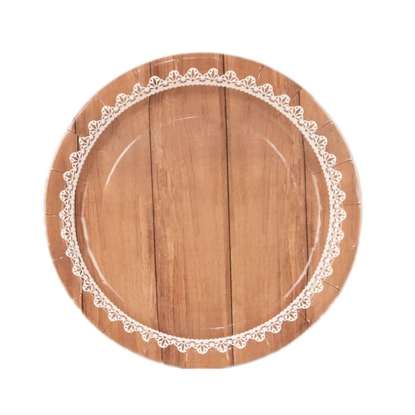 25-Pack Paper 7 Round Dessert Plates in Brown Wood Grain Print with White Floral Lace Rim - Disposable Appetizer Salad Plates for Rustic Farmhouse Style Events