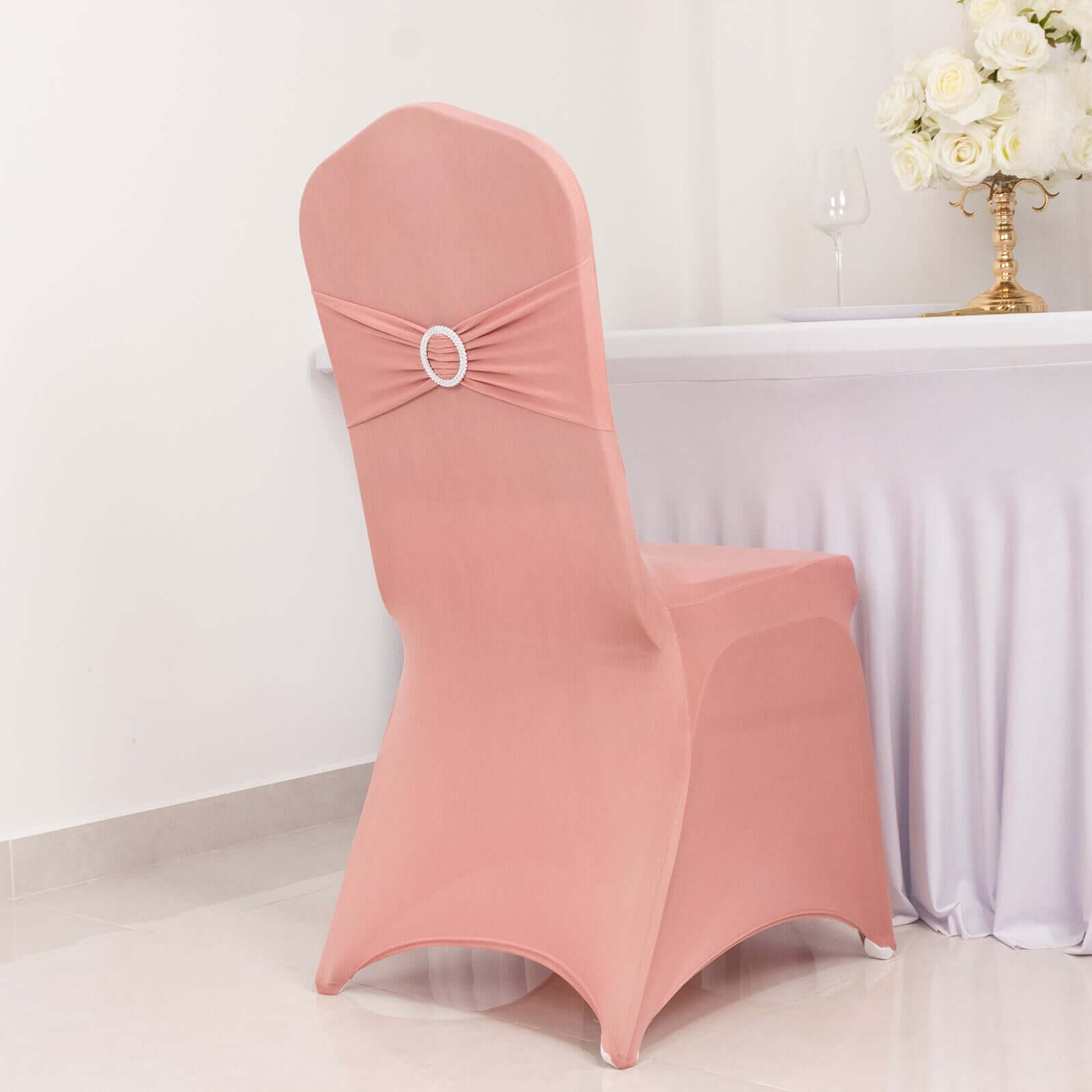 Spandex Chair Cover with Dusty Rose Rhinestone Buckled Sash Band Blush - Stretch Fitted Slipcover