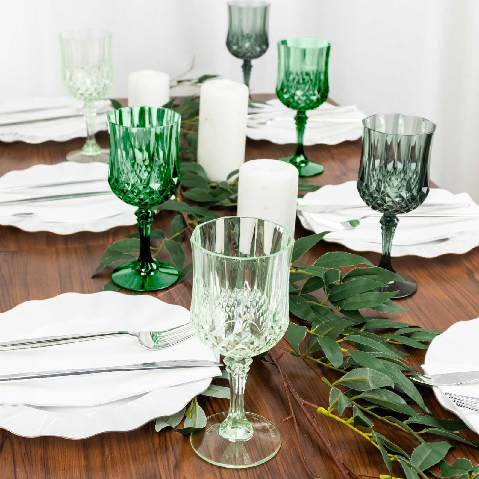 12-Pack Plastic Cocktail Goblets Assorted Green Transparent Crystal Cut - Shatterproof Drinkware 8oz