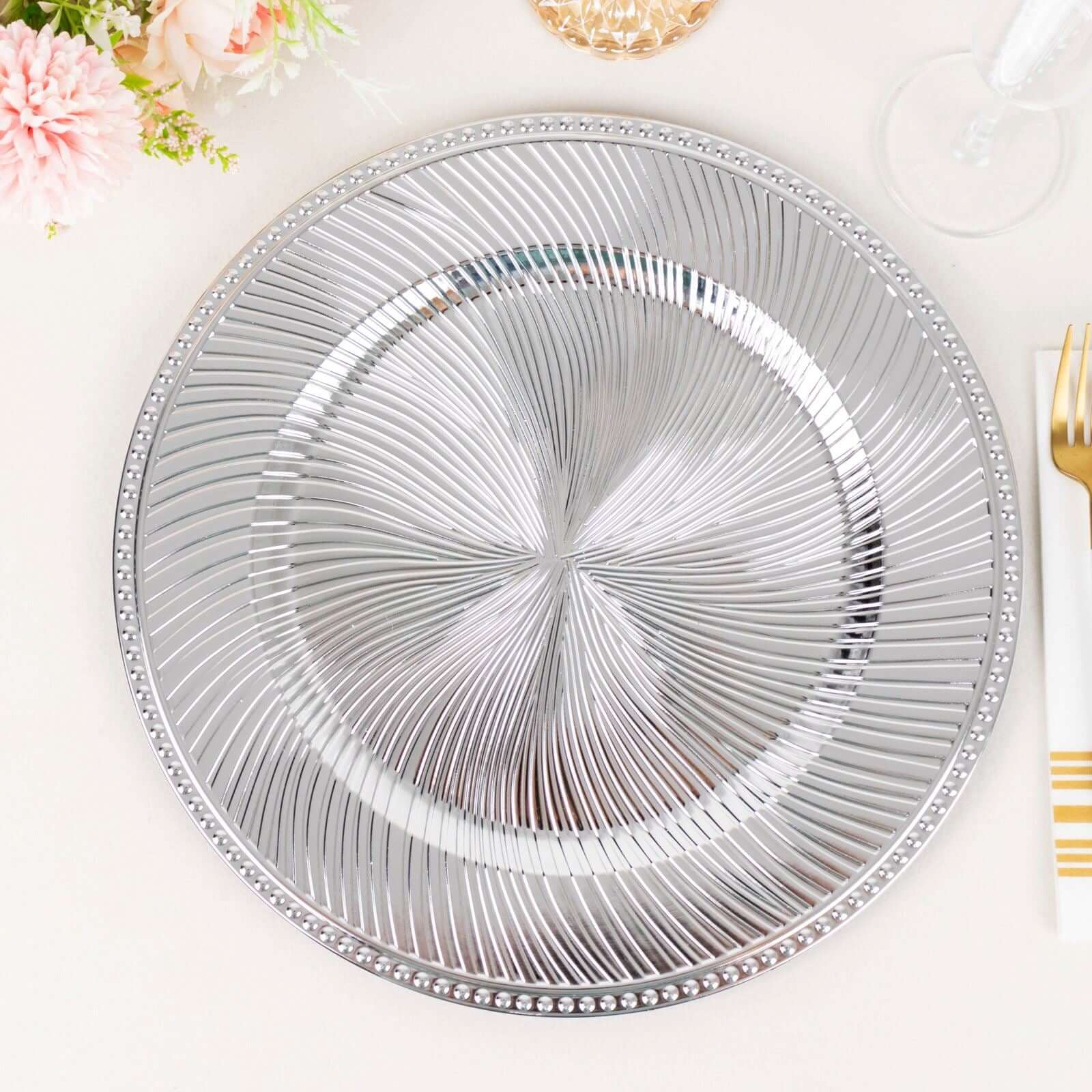 6-Pack Acrylic Round Charger Plates 13 in Metallic Silver Swirl Pattern with Beaded Rim, Plastic Decorative Dinner Party Charger Tableware