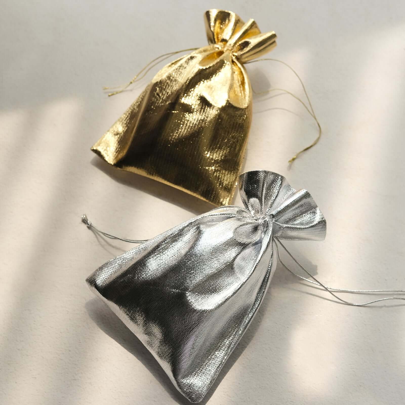 10 Pack Metallic Silver Lame Polyester 5x7 Party Favor Gift Bags, Shiny Fabric Drawstring Candy Pouch