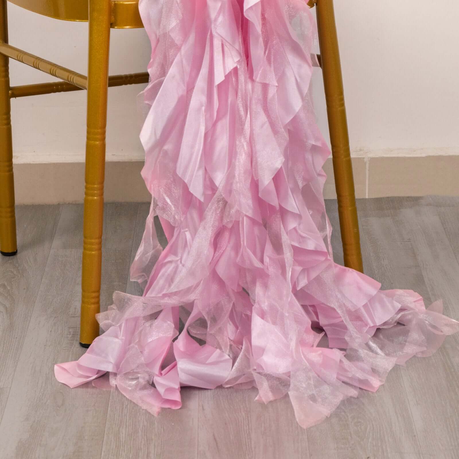 5 Pack Chiffon Satin Chair Sashes Pink - Easy to Install Ruffled Curly Willow