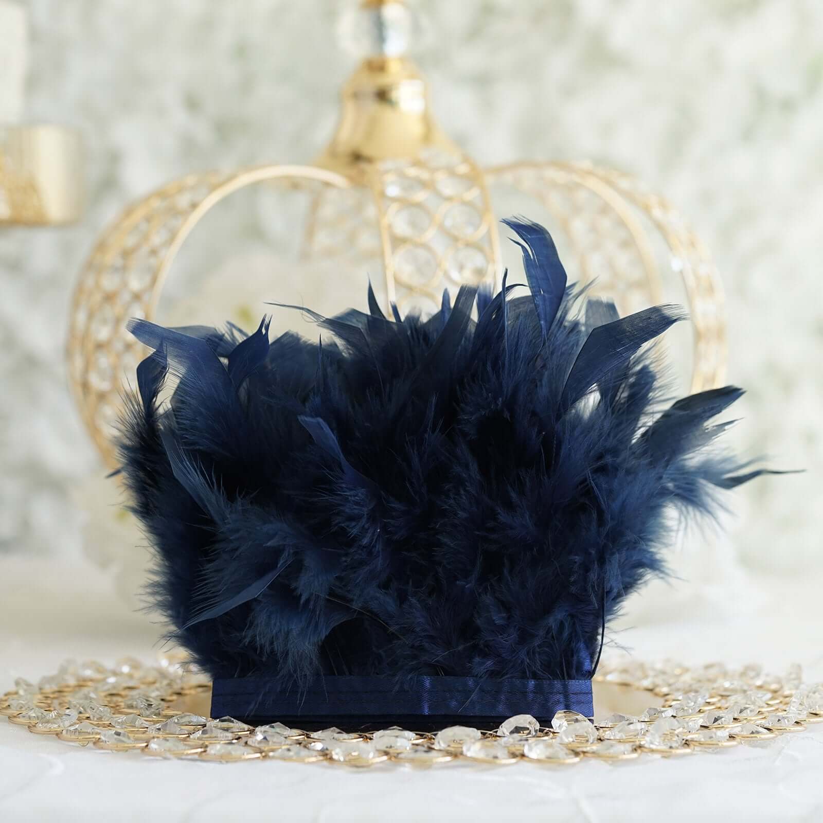 39 Navy Blue Real Turkey Feather Fringe Trim With Satin Ribbon Tape