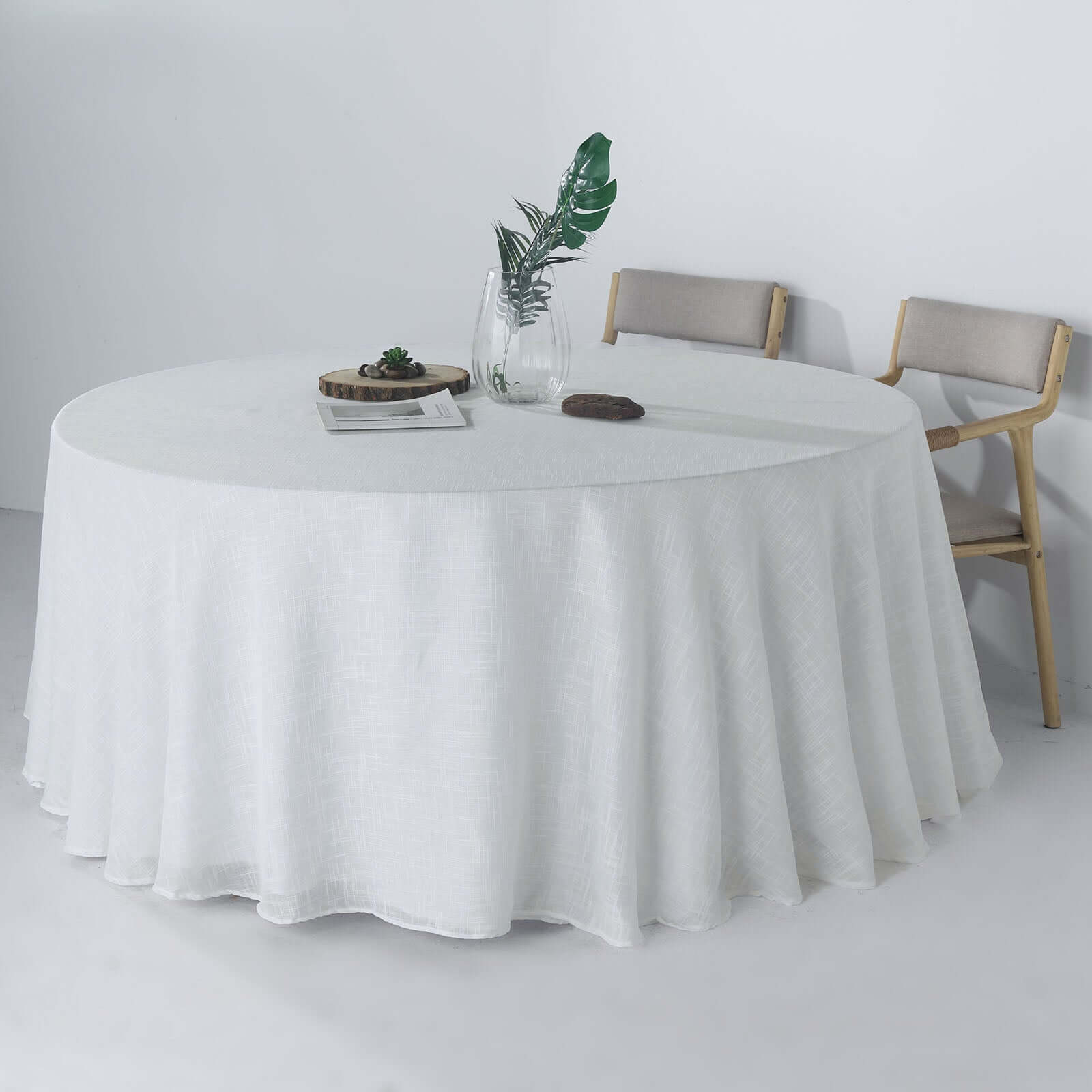 Faux Linen 120 Round Tablecloth White - Modern Slubby Texture with Wrinkle-Resistant Appeal Seamless Table Cover