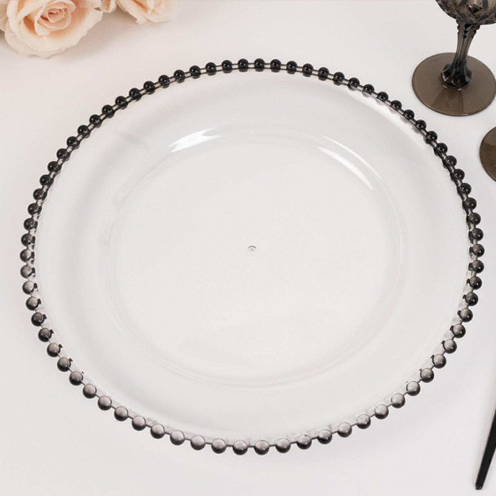 6-Pack Acrylic Round Charger Plates 13 in Clear with Black Beaded Rim, Decorative Dinner Party Charger Tableware