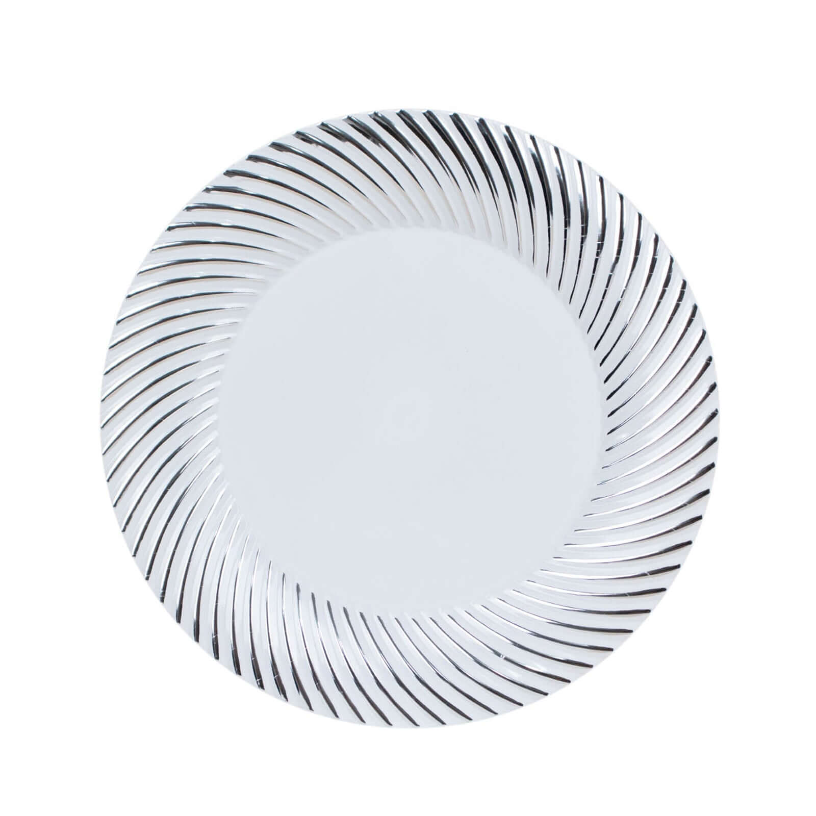 10-Pack Plastic 7 Round Dessert Plates in White with Silver Swirl Rim - Disposable Salad Plates