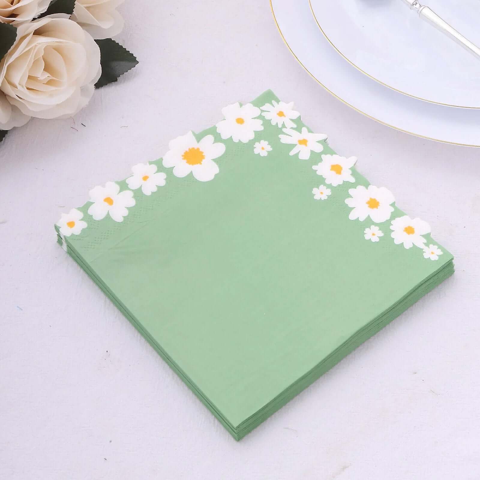 50-Pack Paper Beverage Napkins with Daisy Flower Design Sage Green - 2 Ply Soft 18GSM Floral Wedding Napkins 6.5x6.5